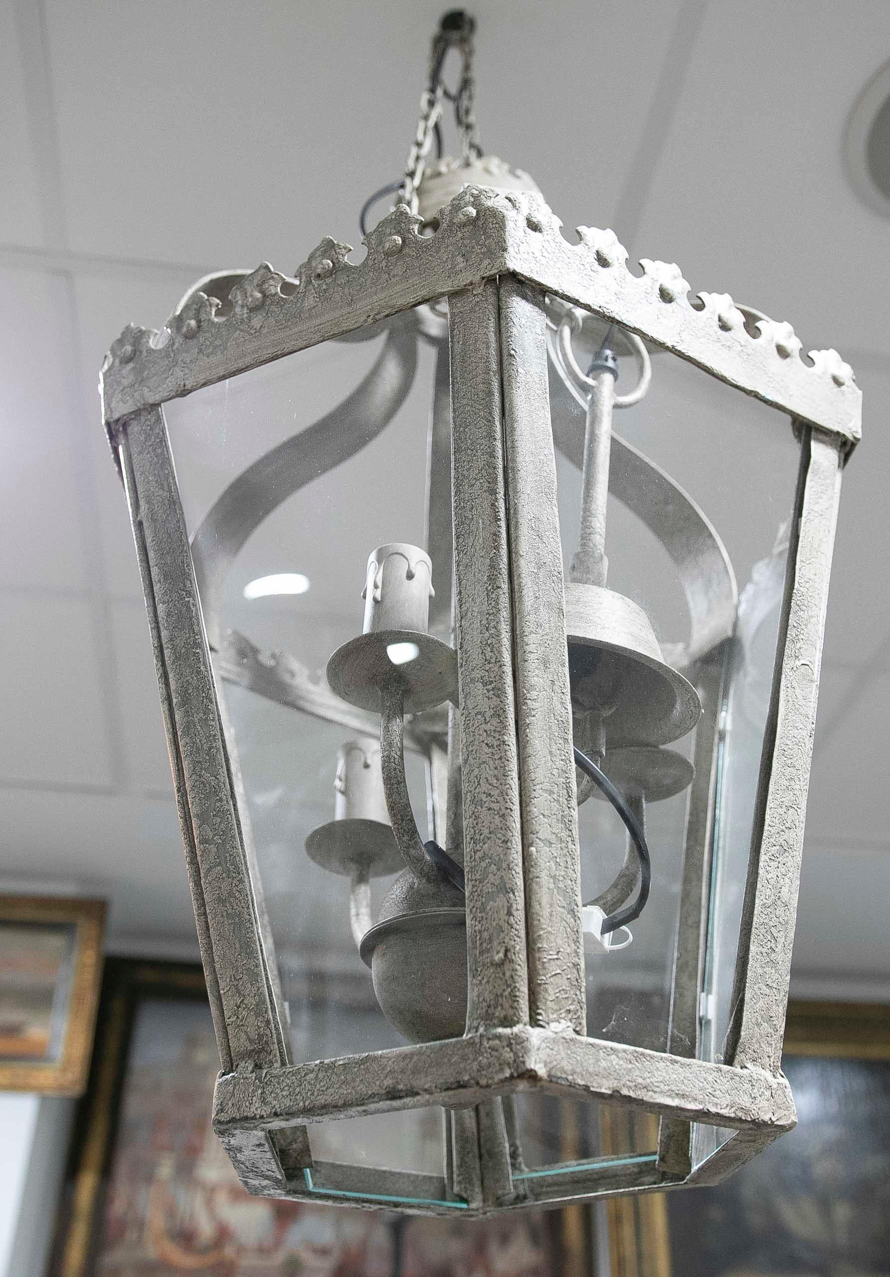 French Style Iron Lantern in Antiqued Grey Finish For Sale 3