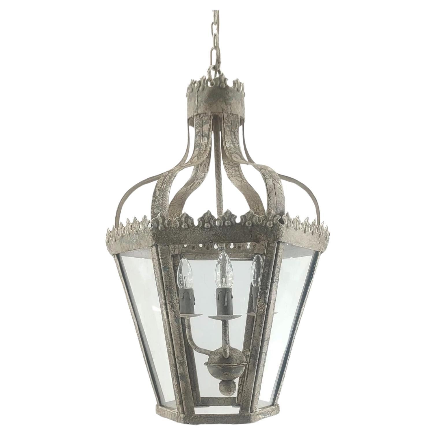 French Style Iron Lantern in Antiqued Grey Finish For Sale
