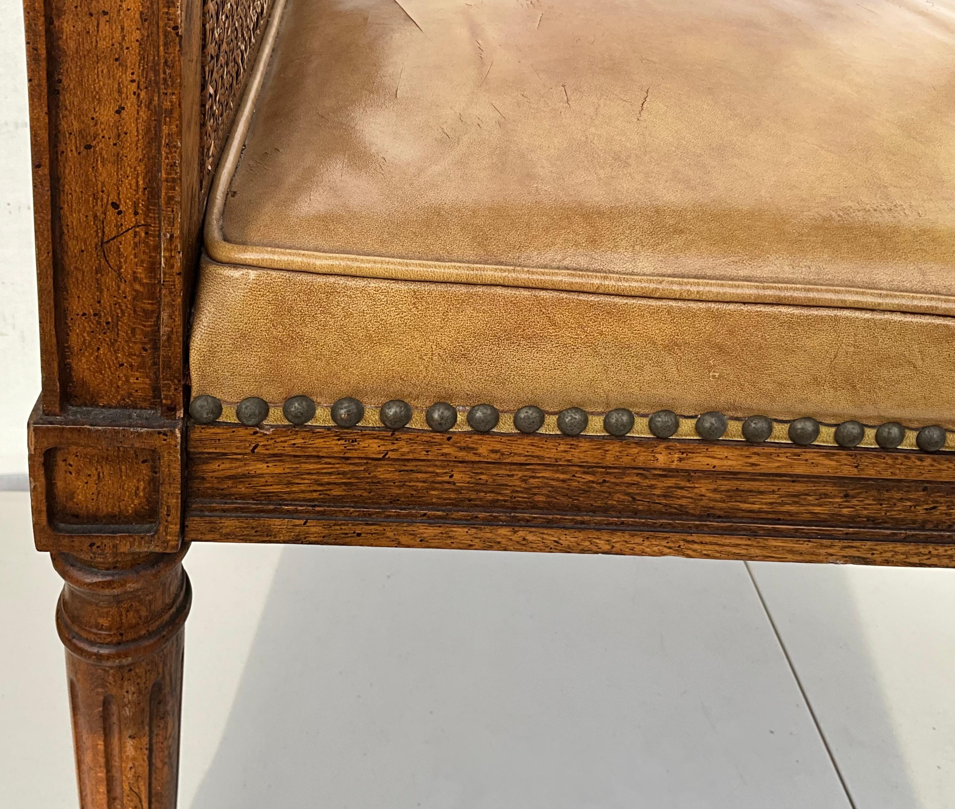 French Style Italian Walnut And Leather Bench / Ottoman With Brass Nailheads 6
