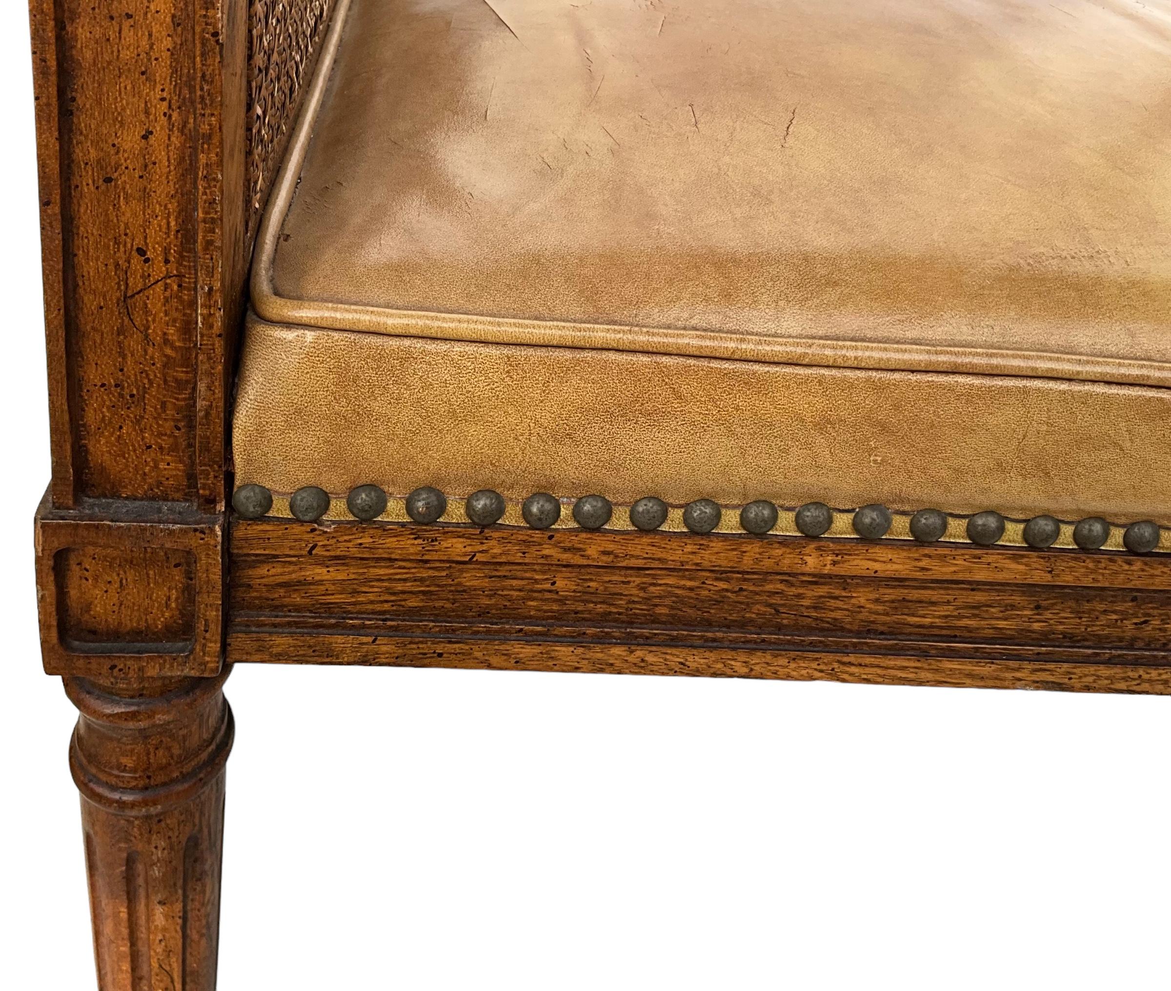 Louis XV French Style Italian Walnut And Leather Bench / Ottoman With Brass Nailheads