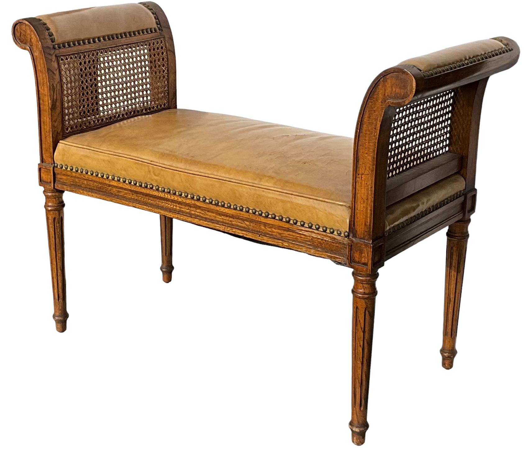 20th Century French Style Italian Walnut And Leather Bench / Ottoman With Brass Nailheads