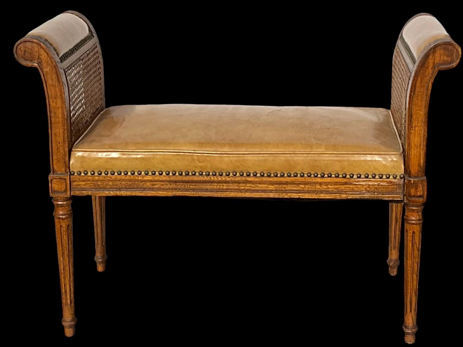 French Style Italian Walnut And Leather Bench / Ottoman With Brass Nailheads 1