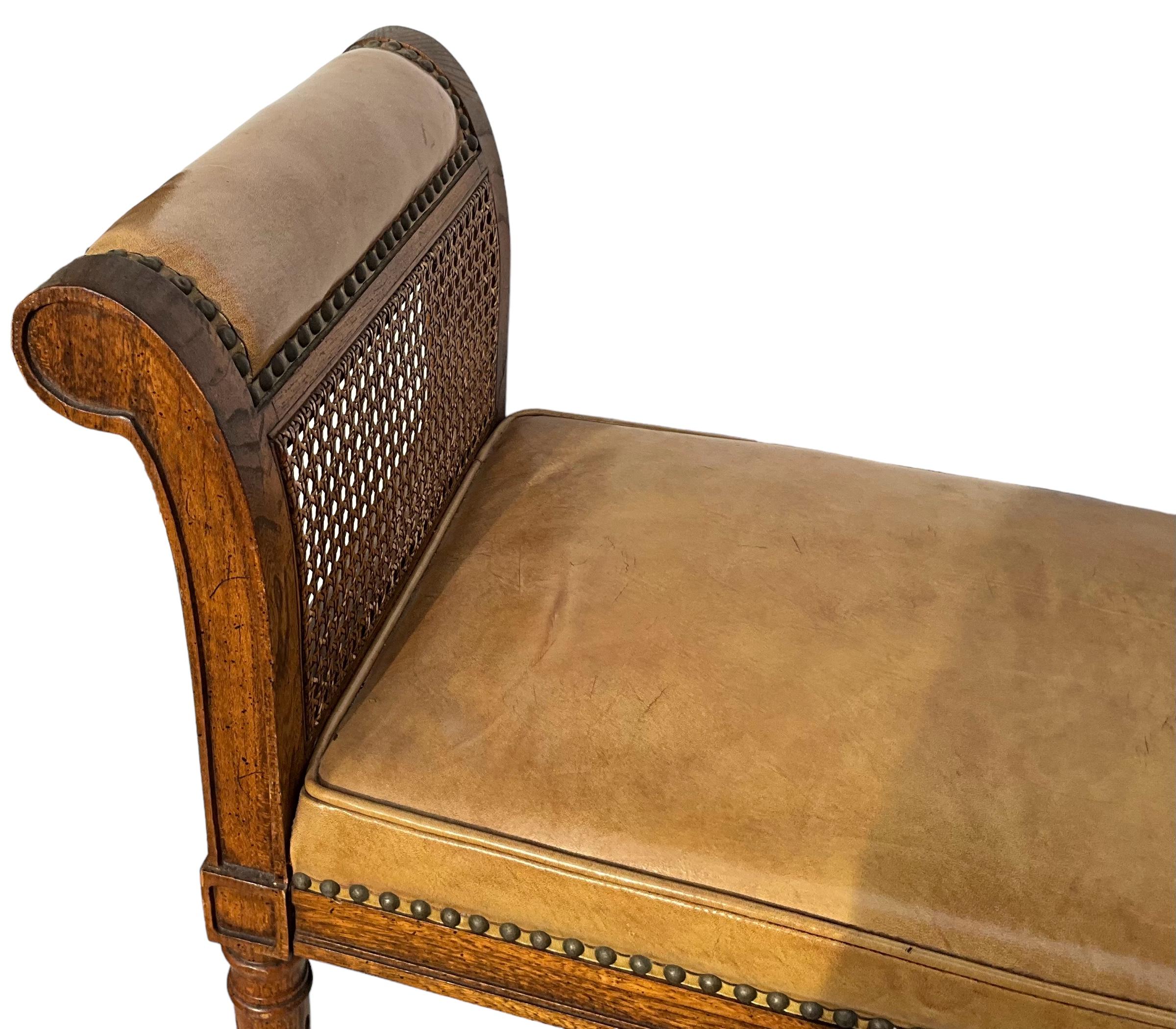 French Style Italian Walnut And Leather Bench / Ottoman With Brass Nailheads 2