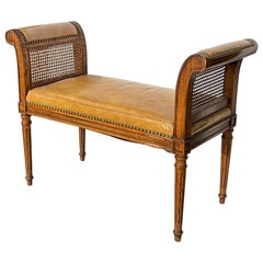 French Style Italian Walnut And Leather Bench / Ottoman With Brass Nailheads