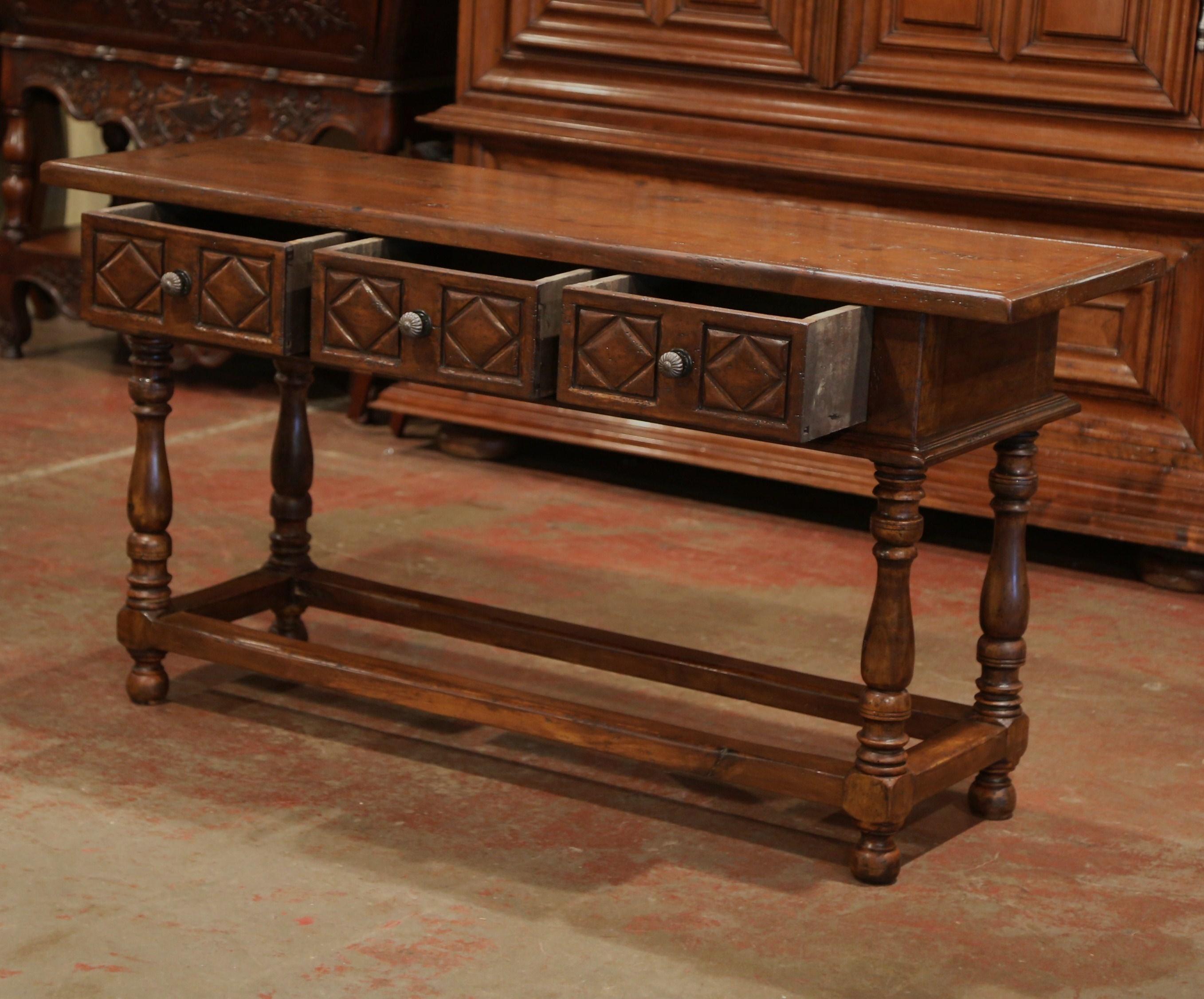 American French Style Louis XIII Hand Carved Walnut Console Sofa Table with Drawers