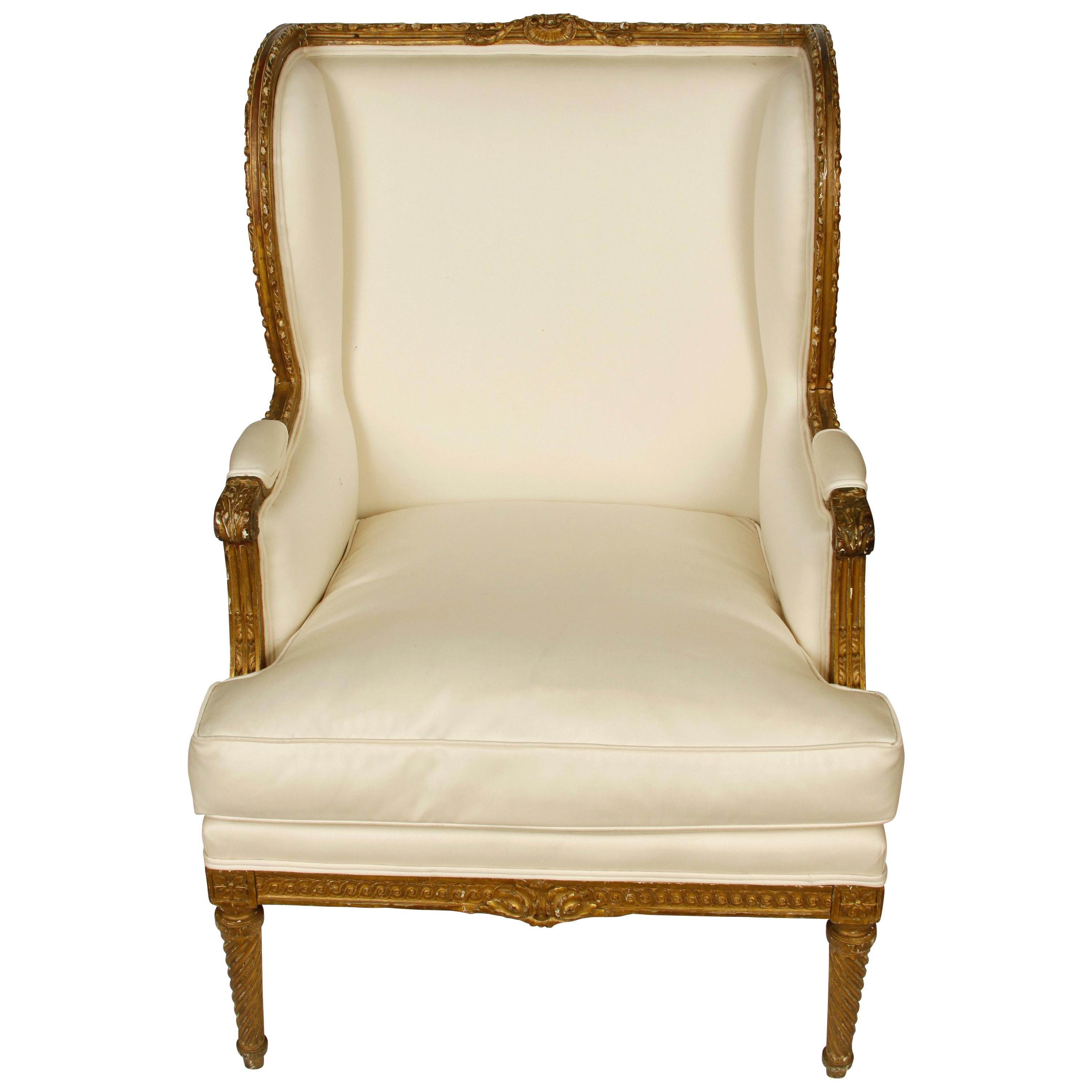 French Style Louis XVI Bergere with Painted Wood Finish and Ivory Upholstery