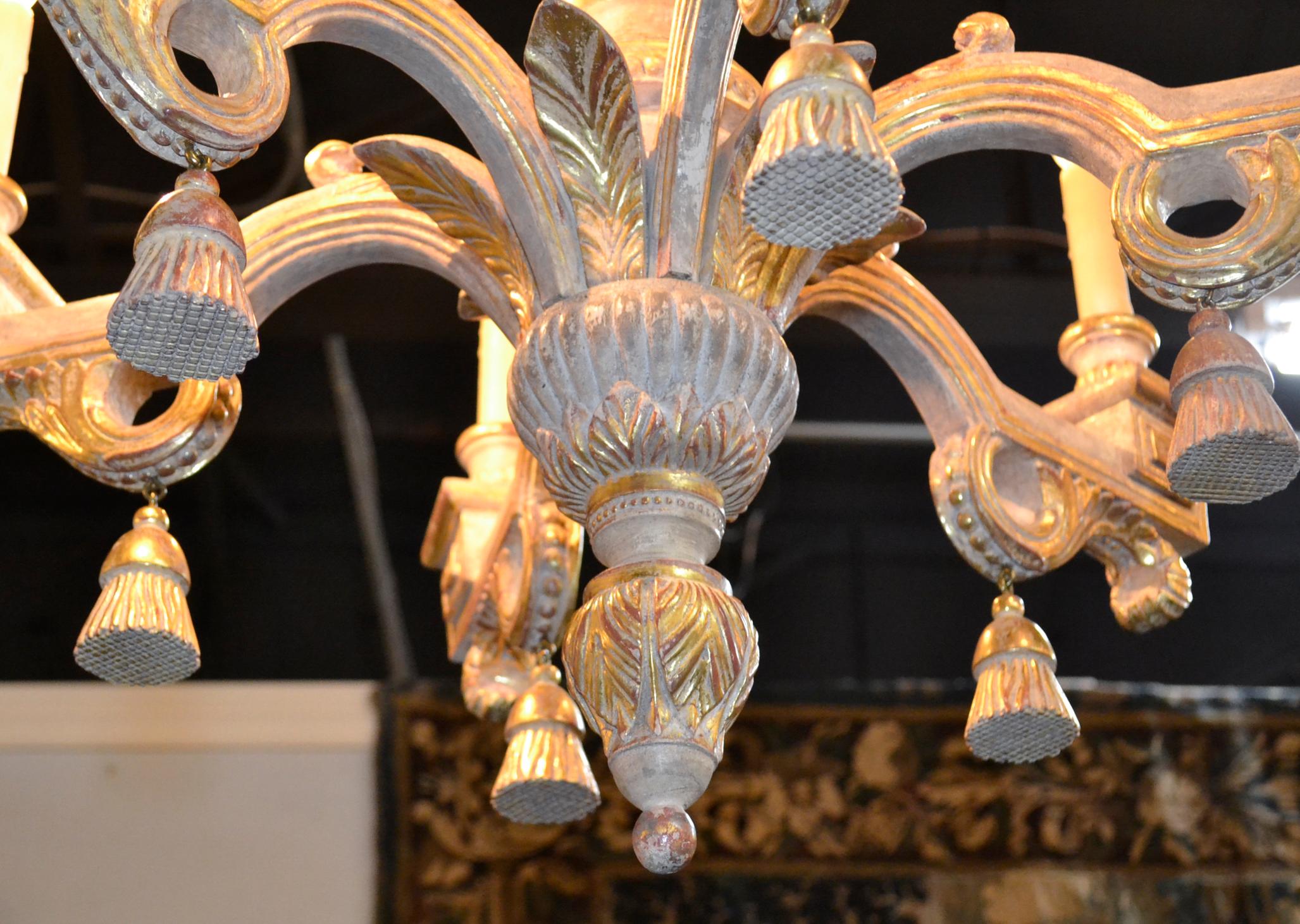 Wonderful French style Louis XVI design carved and parcel-gilt 6-light chandelier.