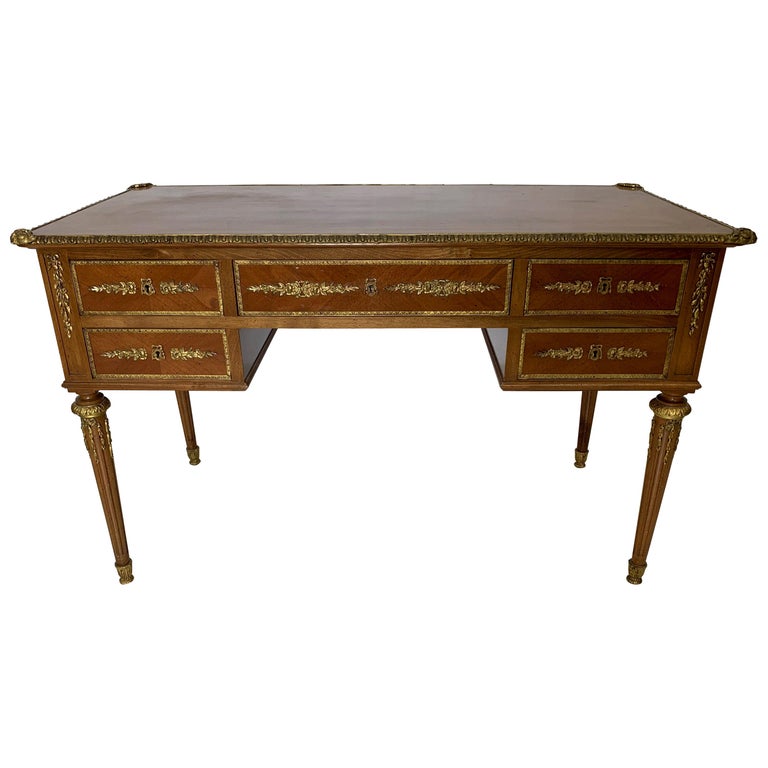 French Style Mahogany and Satinwood Writing Desk with Ormolu For Sale