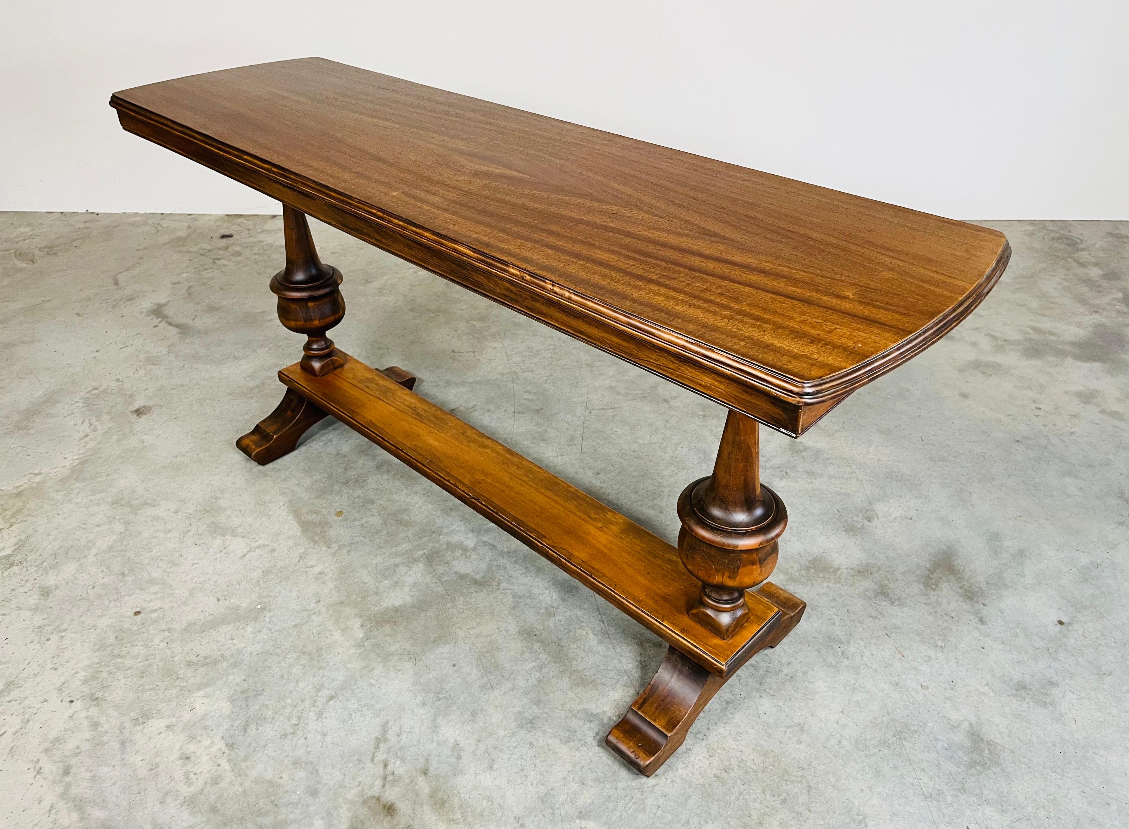Empire French Style Mahogany Refectory Console Table Having Turned Pedestals