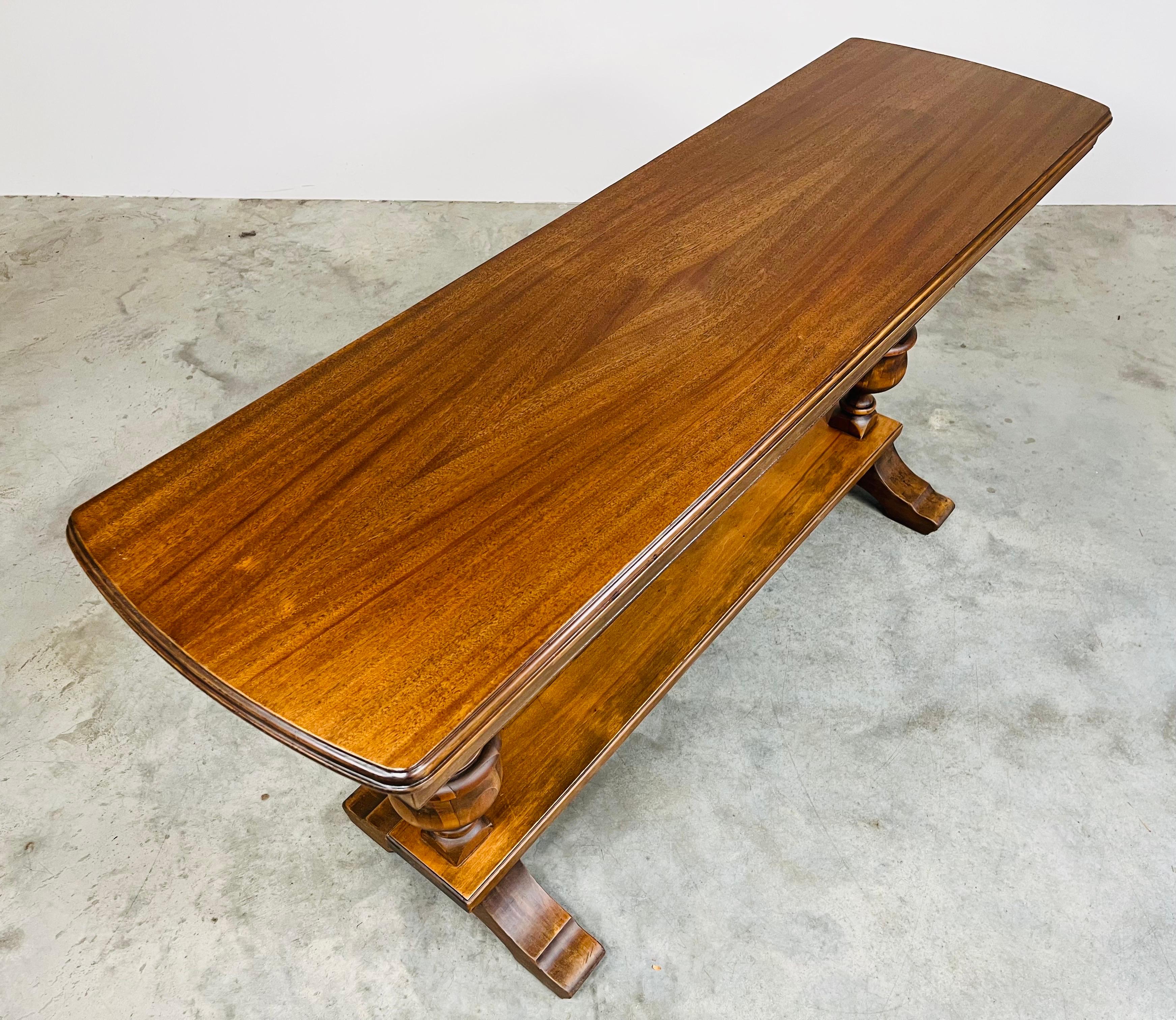 American French Style Mahogany Refectory Console Table Having Turned Pedestals