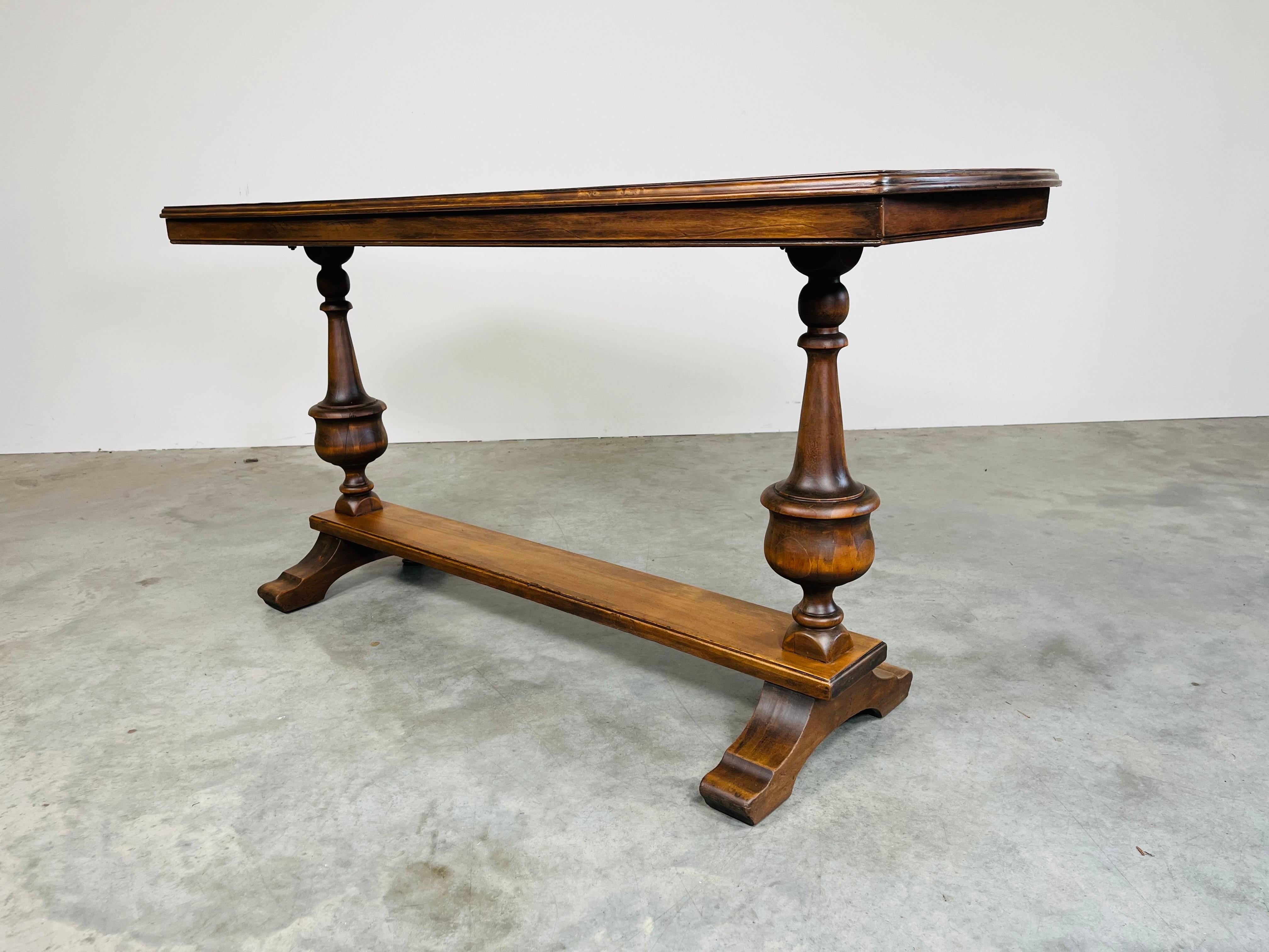 French Style Mahogany Refectory Console Table Having Turned Pedestals In Excellent Condition In Southampton, NJ