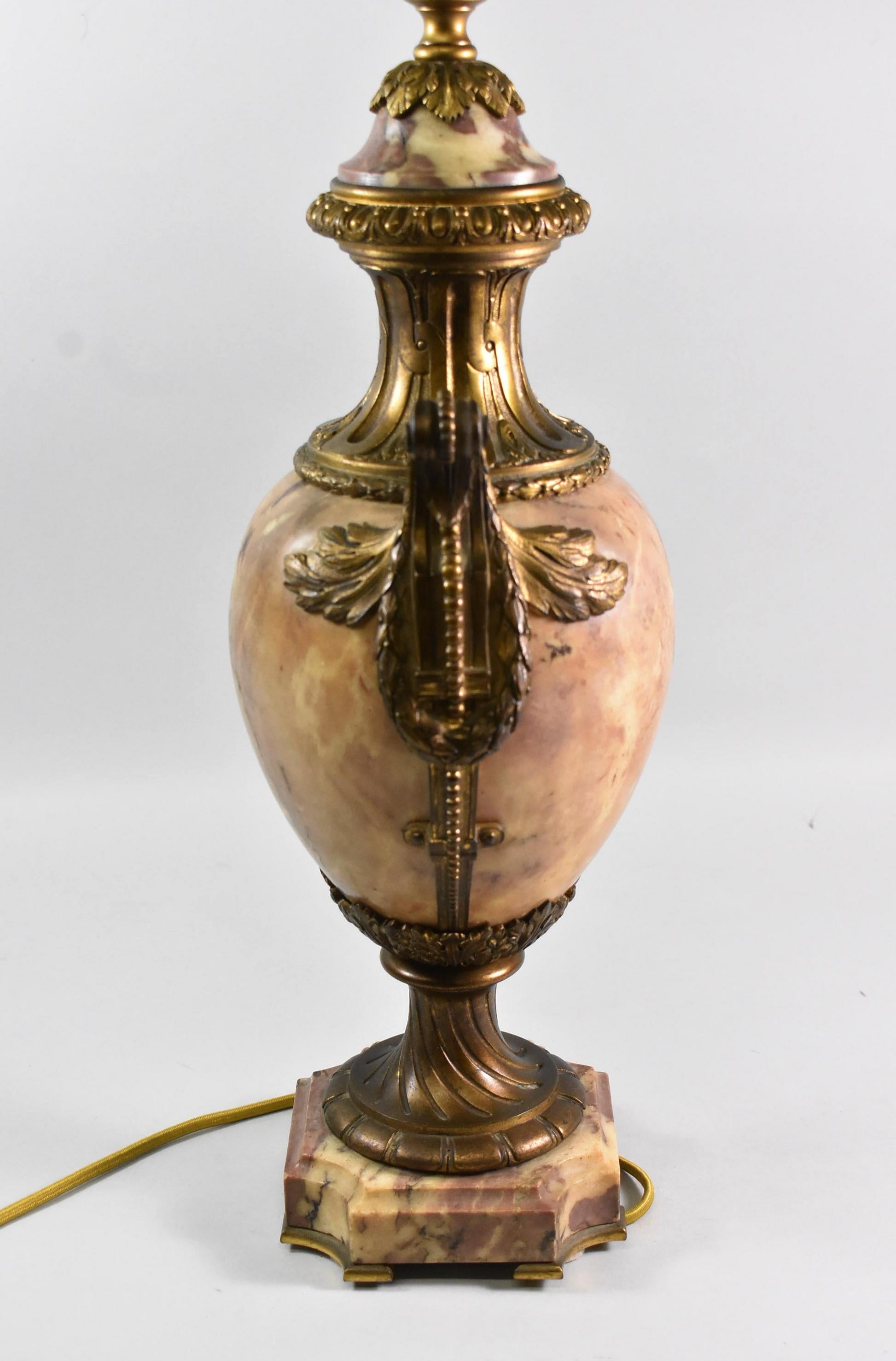 Carved French Style Marble and Brass Urn Shape Table Lamp For Sale