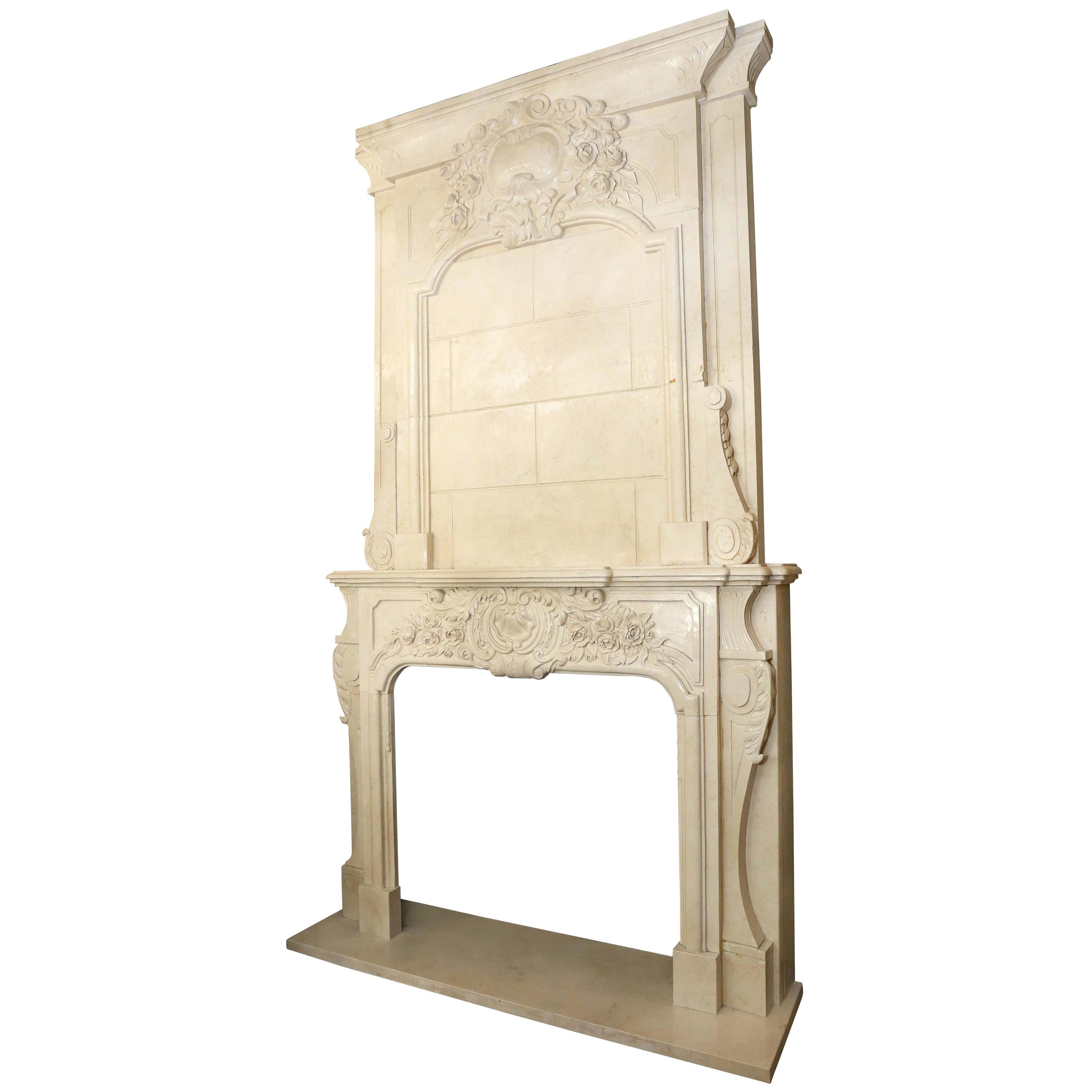 French Style Marble Hand Carved Mantel in Cream Color with Marble over Mantel