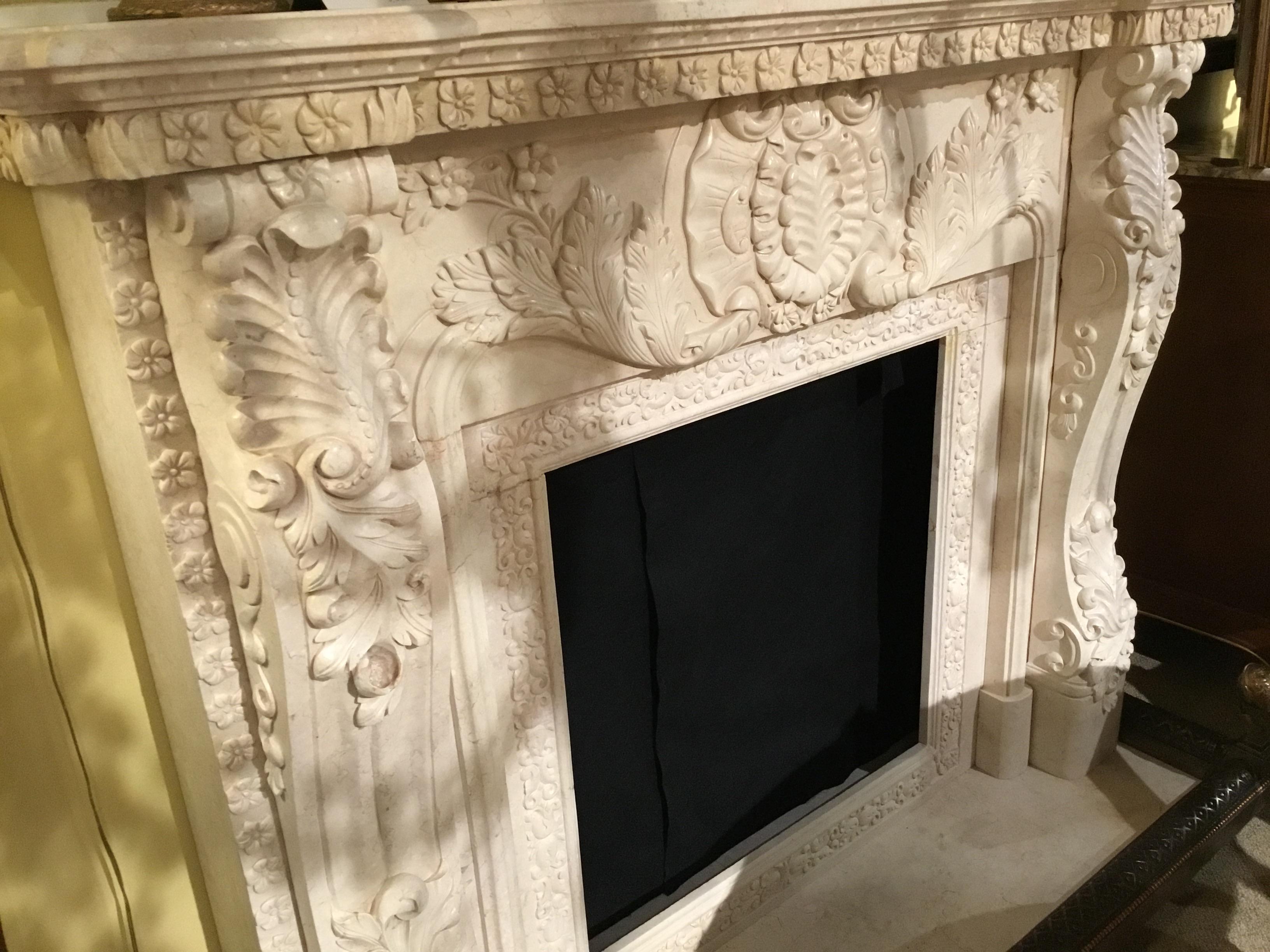 French Style Marble Mantel in Cream Hue with Hand Carving For Sale 3