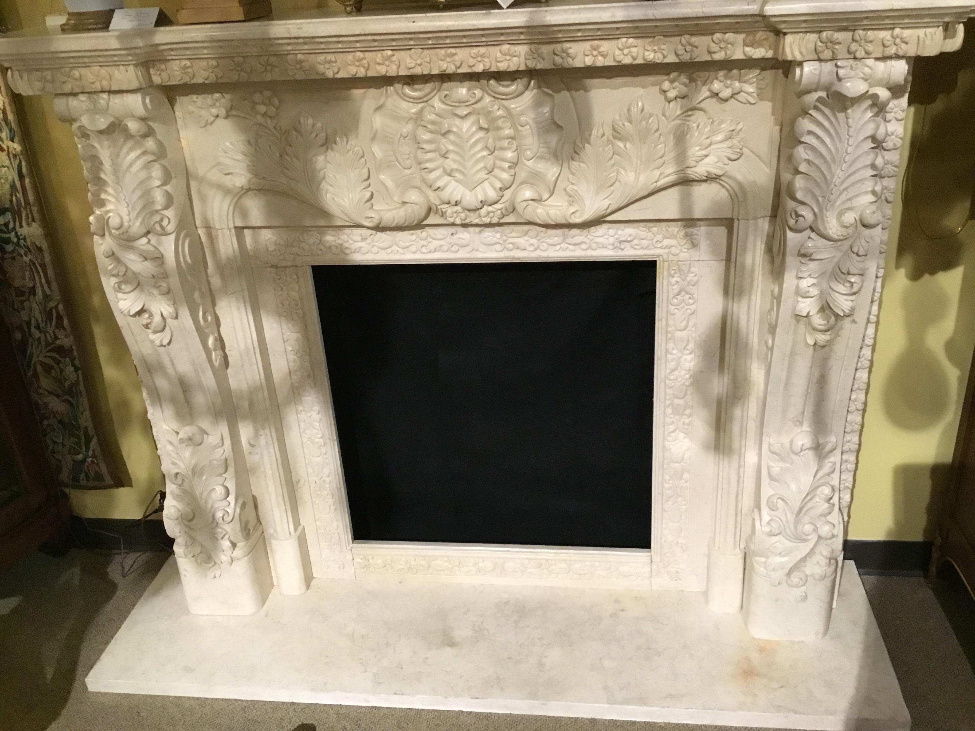 French Style Marble Mantel in Cream Hue with Hand Carving For Sale 4