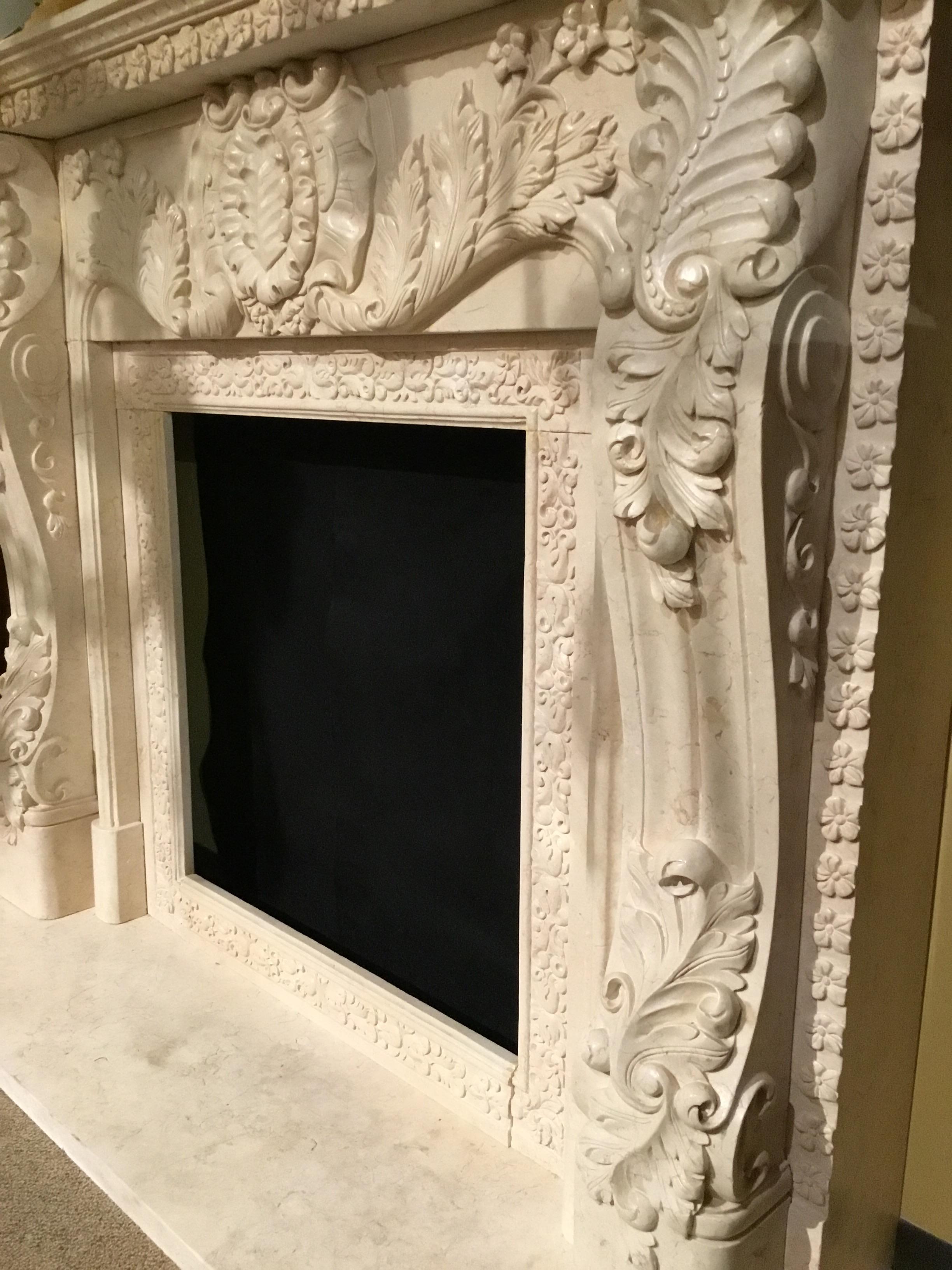 French Style Marble Mantel in Cream Hue with Hand Carving For Sale 5