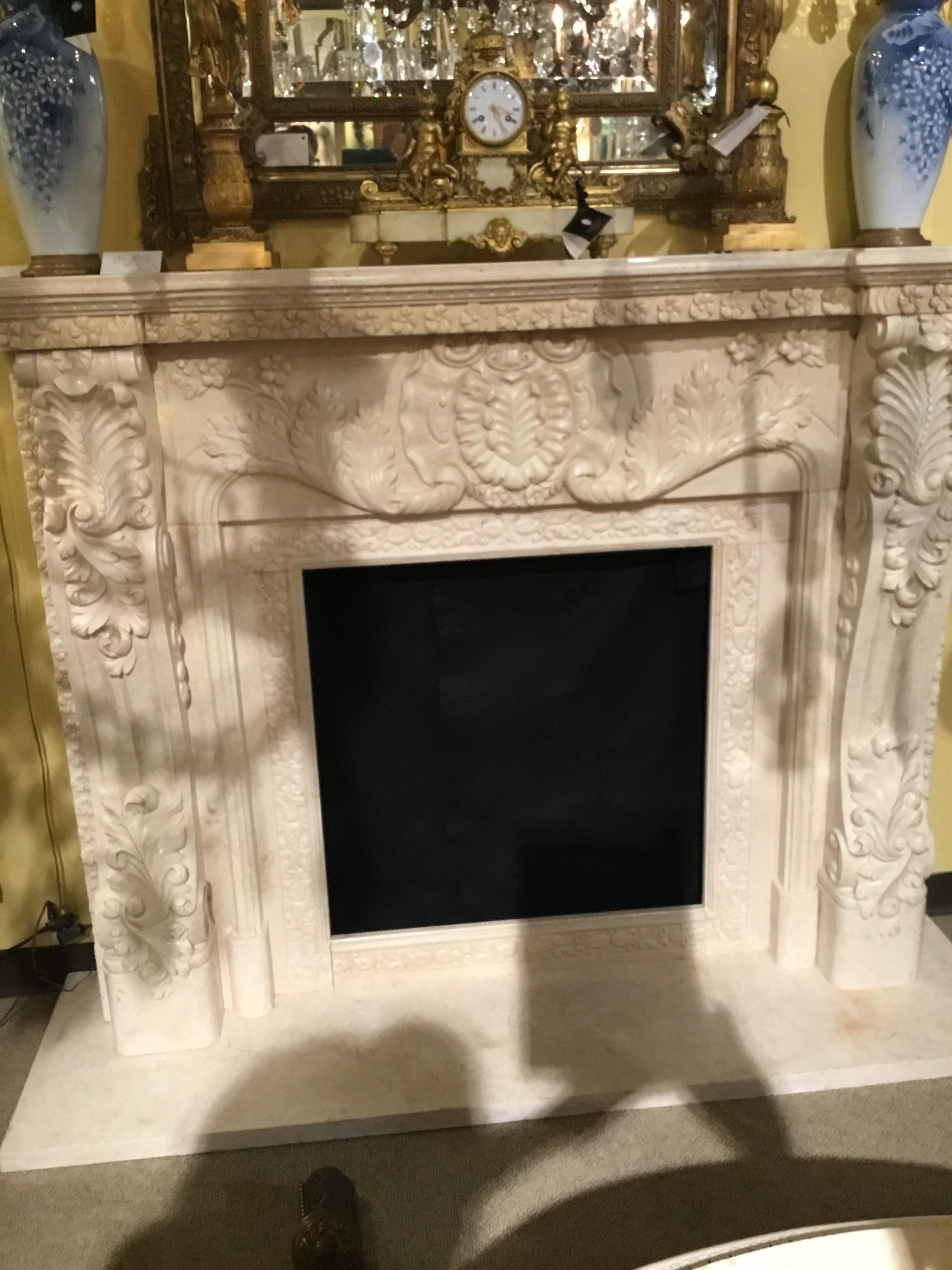 French Style Marble Mantel in Cream Hue with Hand Carving For Sale 6