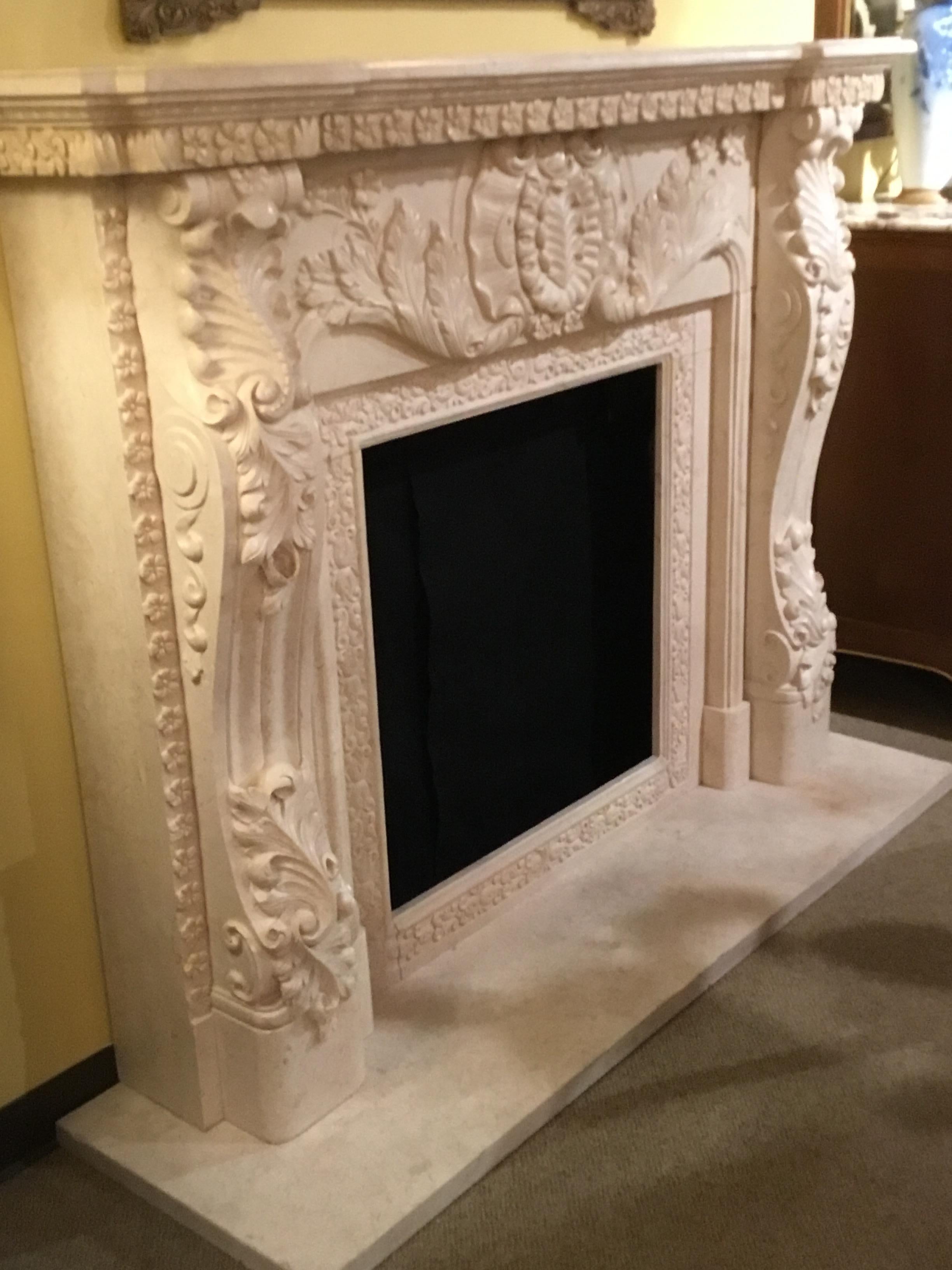 Chinese French Style Marble Mantel in Cream Hue with Hand Carving For Sale
