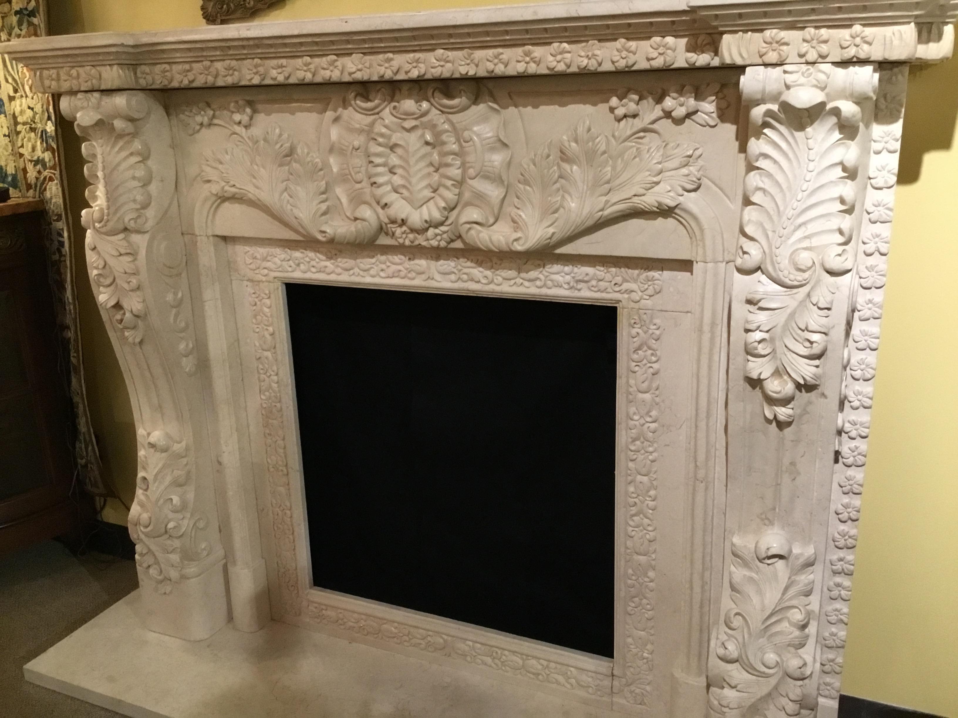Contemporary French Style Marble Mantel in Cream Hue with Hand Carving For Sale