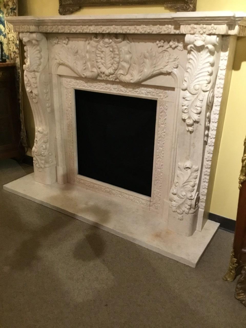 French Style Marble Mantel in Cream Hue with Hand Carving For Sale 1