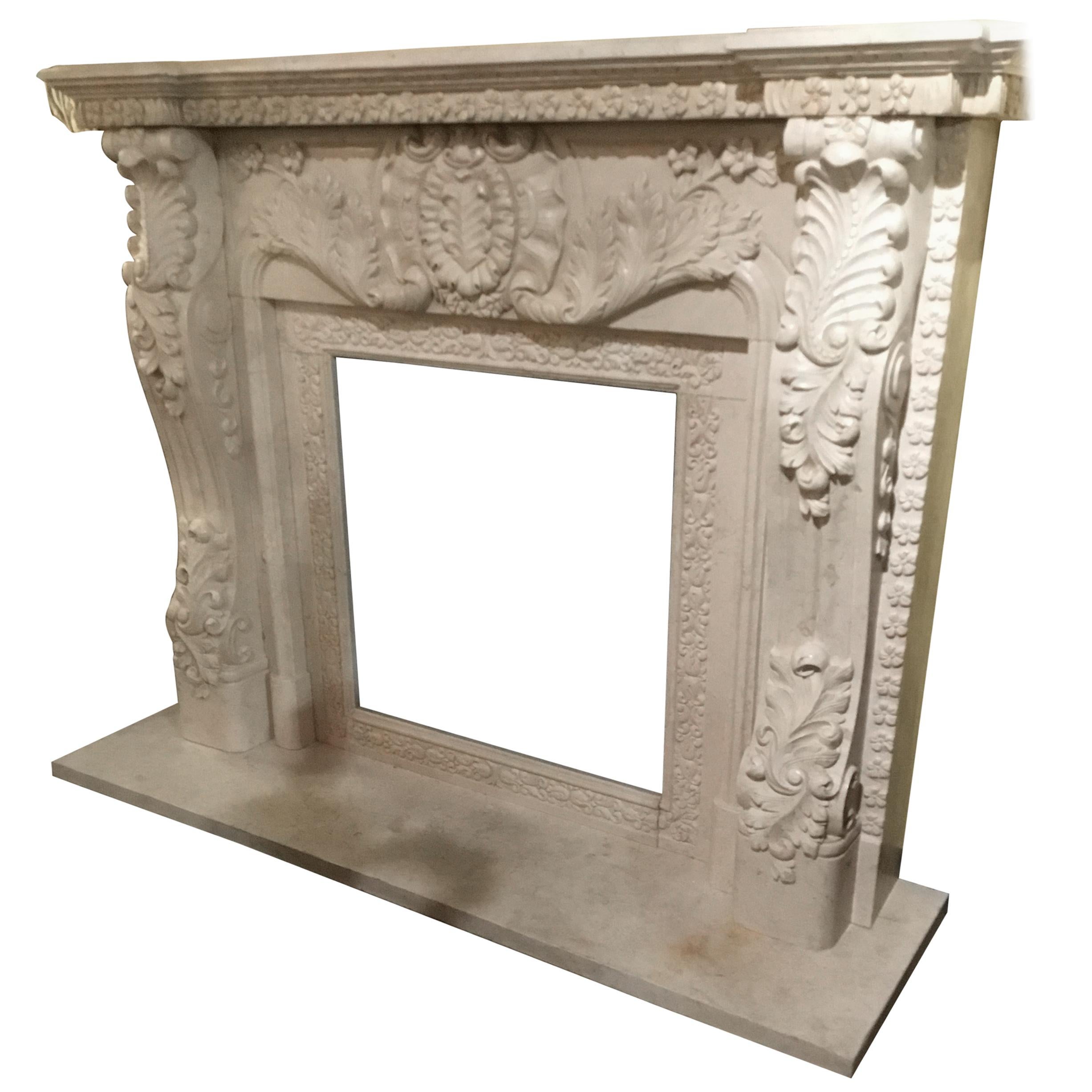 French Style Marble Mantel in Cream Hue with Hand Carving For Sale