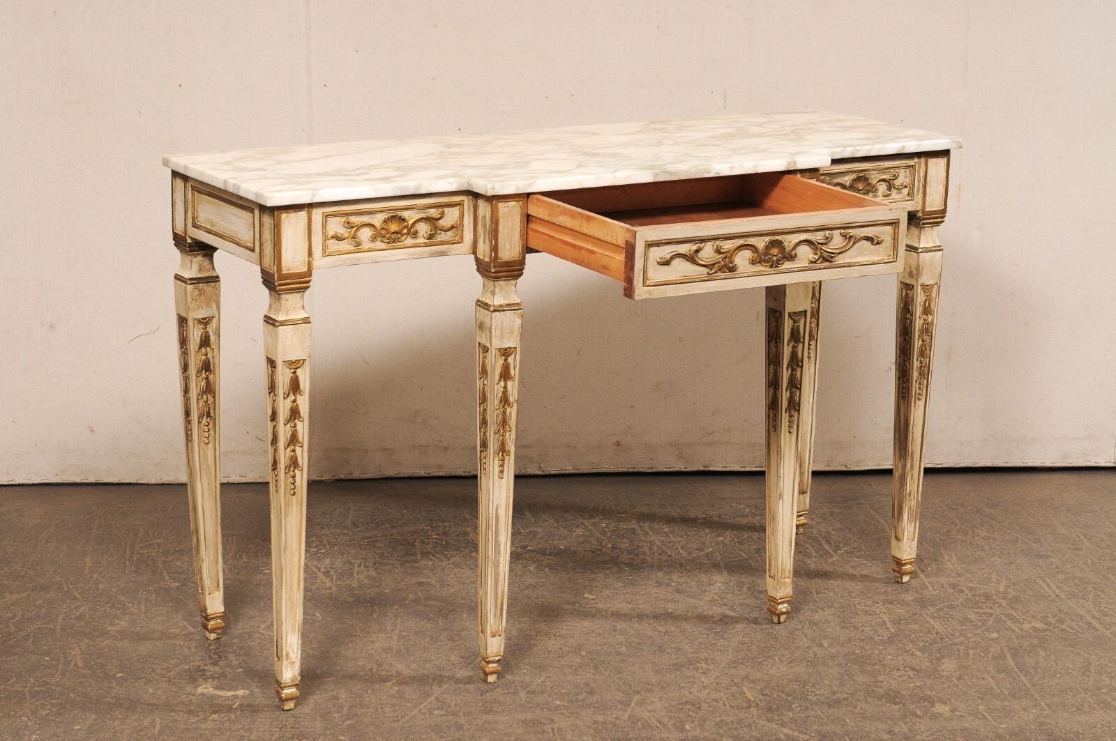 French Style Marble Top Breakfront Console Table w/Drawer In Good Condition For Sale In Atlanta, GA