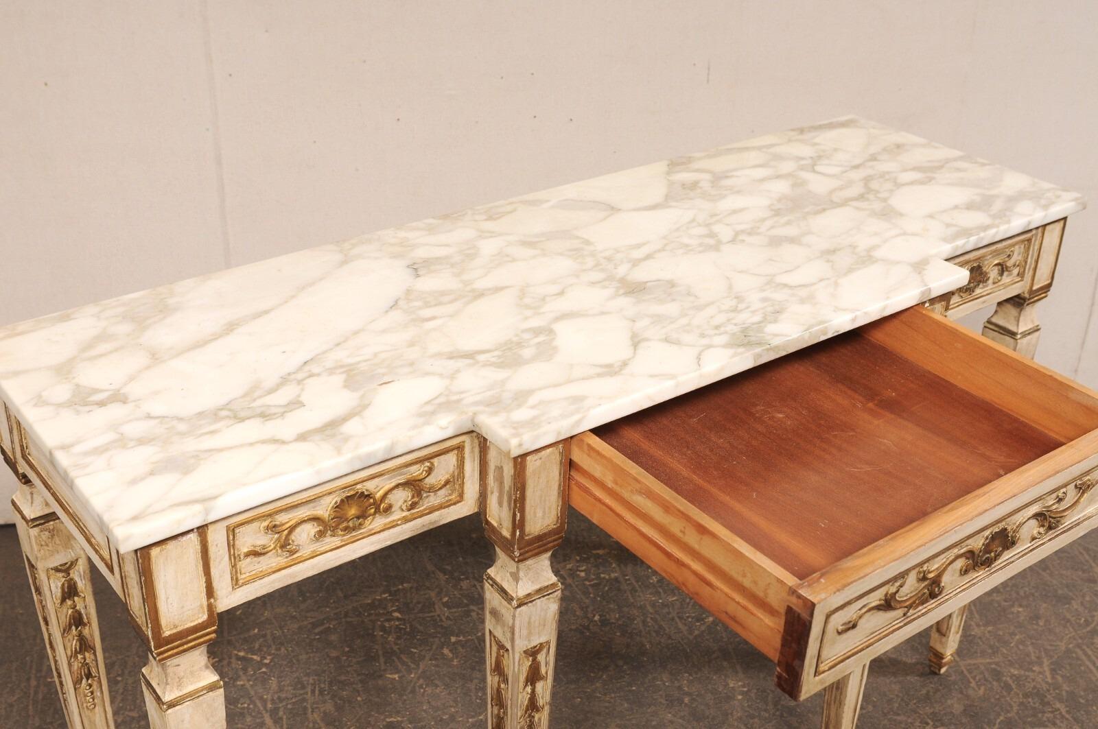 French Style Marble Top Breakfront Console Table w/Drawer For Sale 1