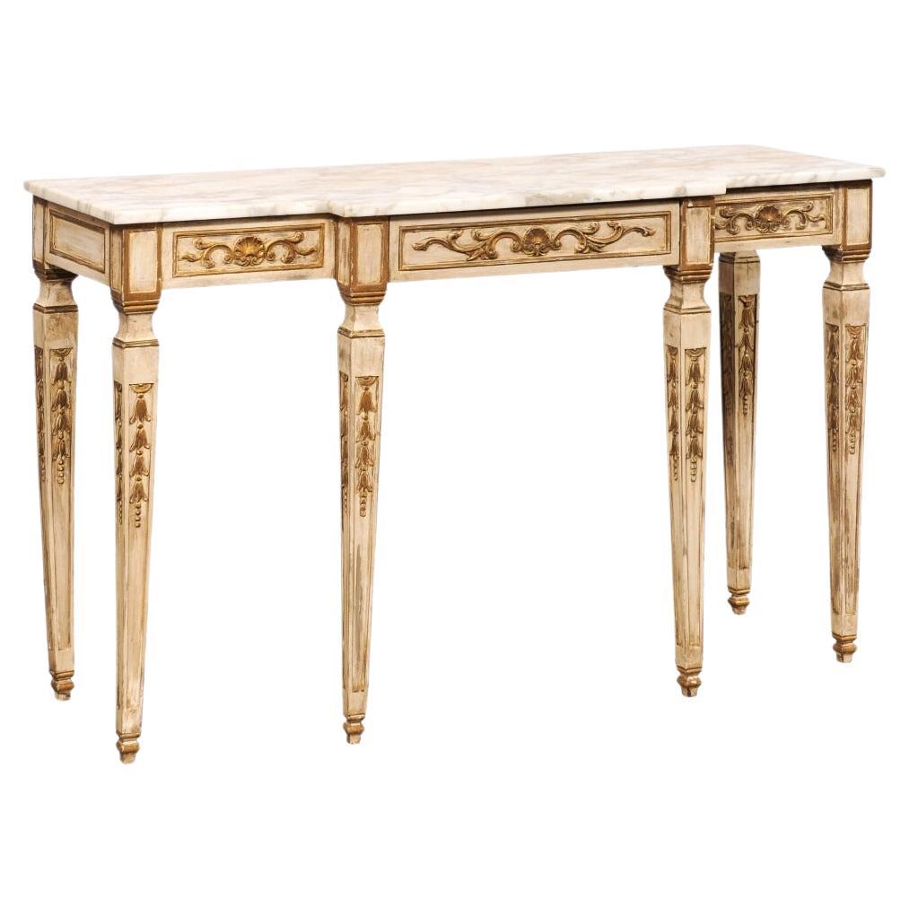 French Style Marble Top Breakfront Console Table w/Drawer For Sale