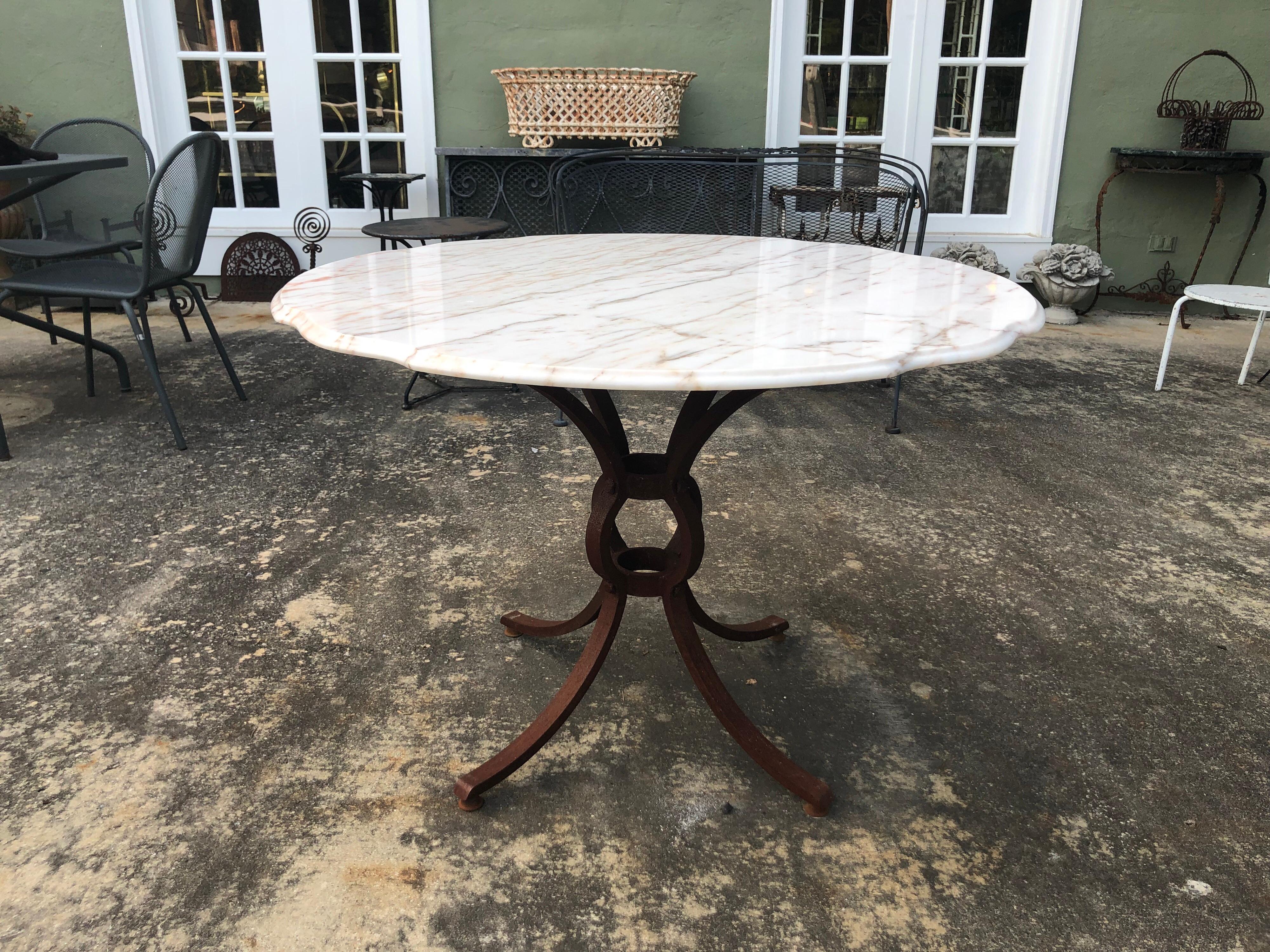 French Style Marble-Top Iron Dining Table In Good Condition In Redding, CT