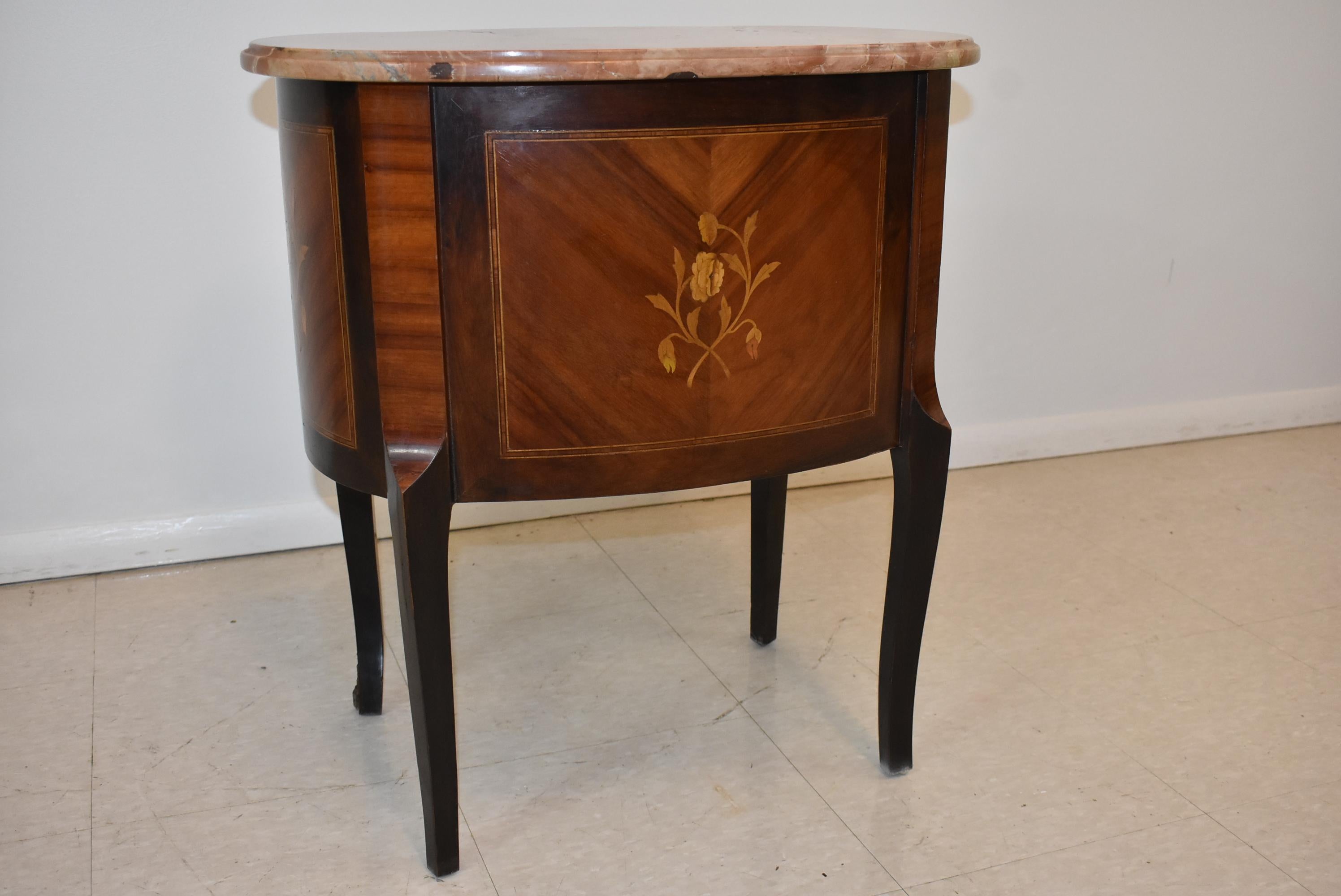 French Style Marble Top Two-Drawer Stand Inlay Floral Details In Good Condition In Toledo, OH