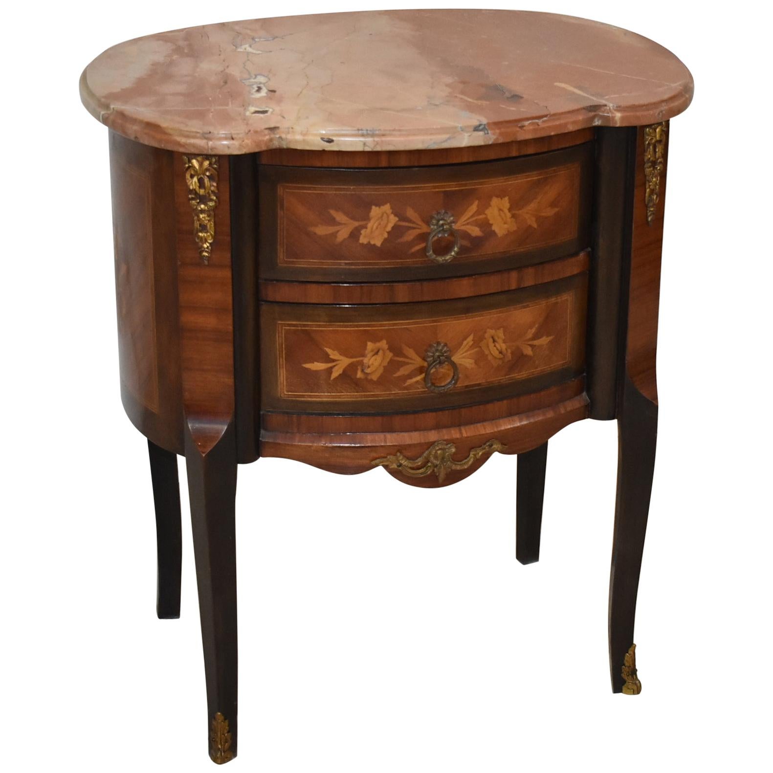 French Style Marble Top Two-Drawer Stand Inlay Floral Details