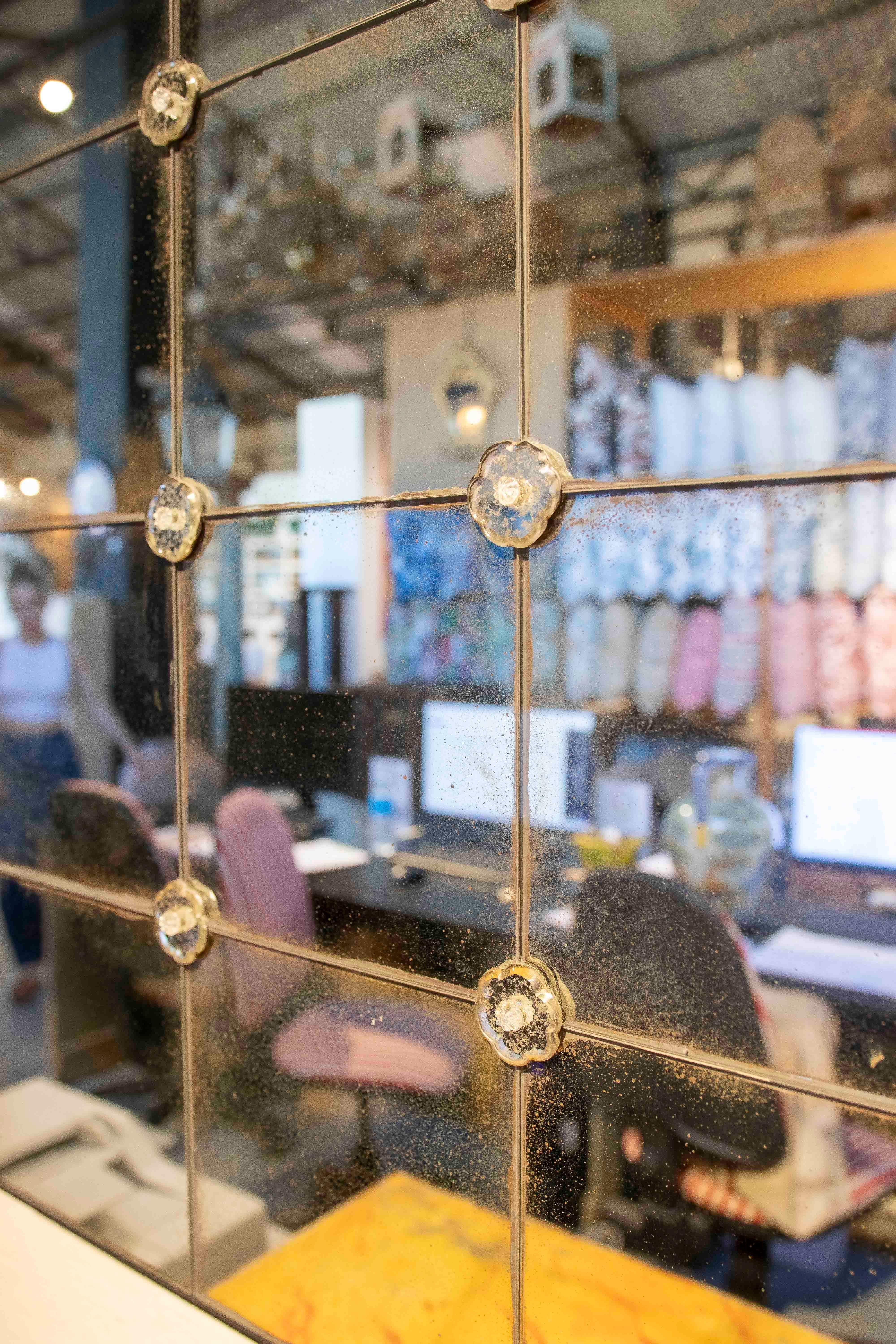 Glass French-style Mirror with Grids Joined with Crystal Flowers For Sale
