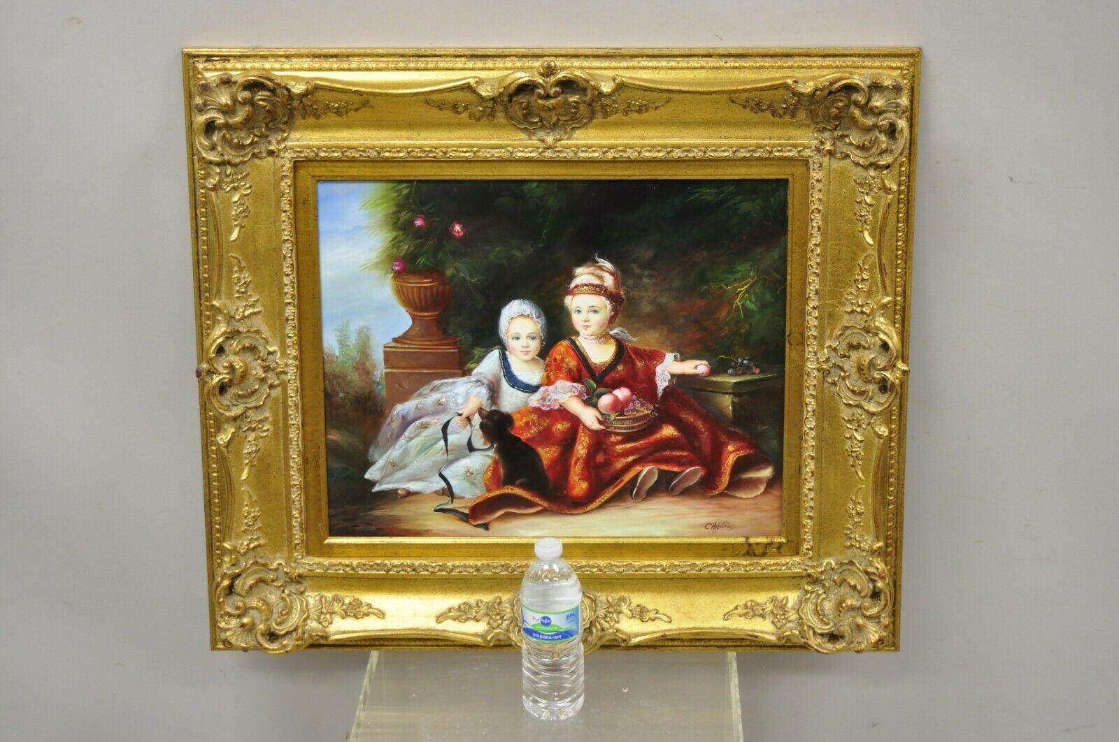 French Style Oil on Board Painting of 2 Young Girls with Dog Signed Christiano For Sale 5