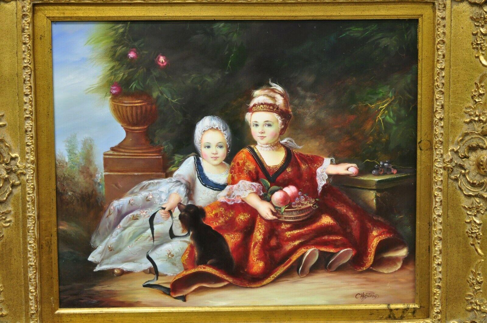 French Style Oil on Board Painting of 2 Young Girls with Dog Signed Christiano For Sale 6