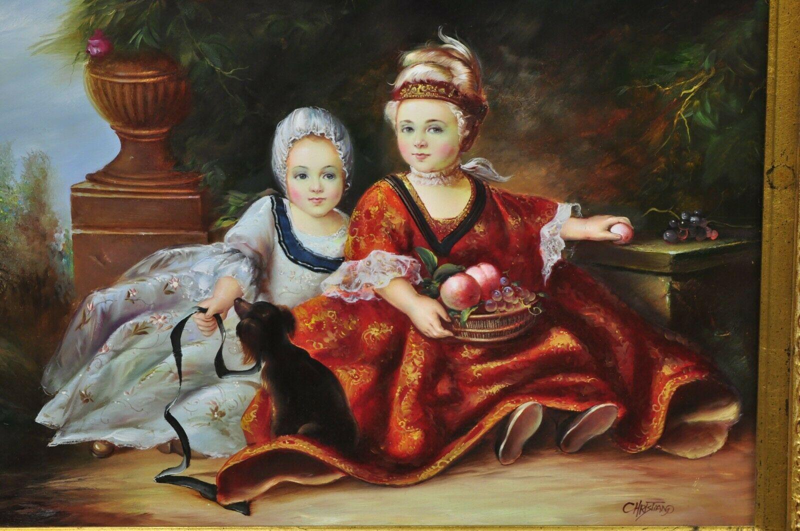 French style oil on board painting of 2 small young girls with dog Signed Christiano. Item features ornate gold gilt wood frame, painting on board of two young girls, with blue and red dress with fruit and dog. Signed 