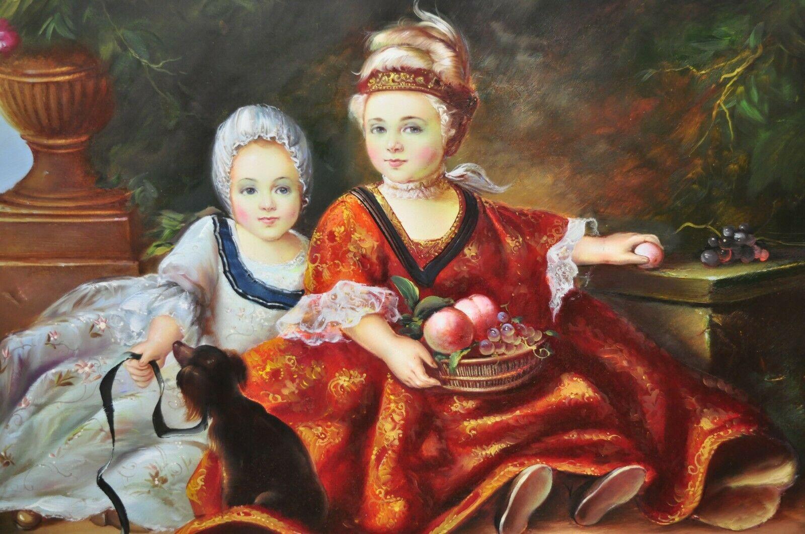 French Style Oil on Board Painting of 2 Young Girls with Dog Signed Christiano In Good Condition For Sale In Philadelphia, PA