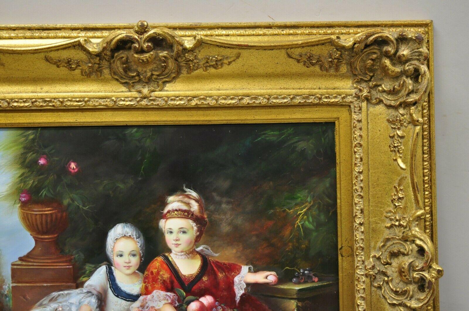 20th Century French Style Oil on Board Painting of 2 Young Girls with Dog Signed Christiano For Sale