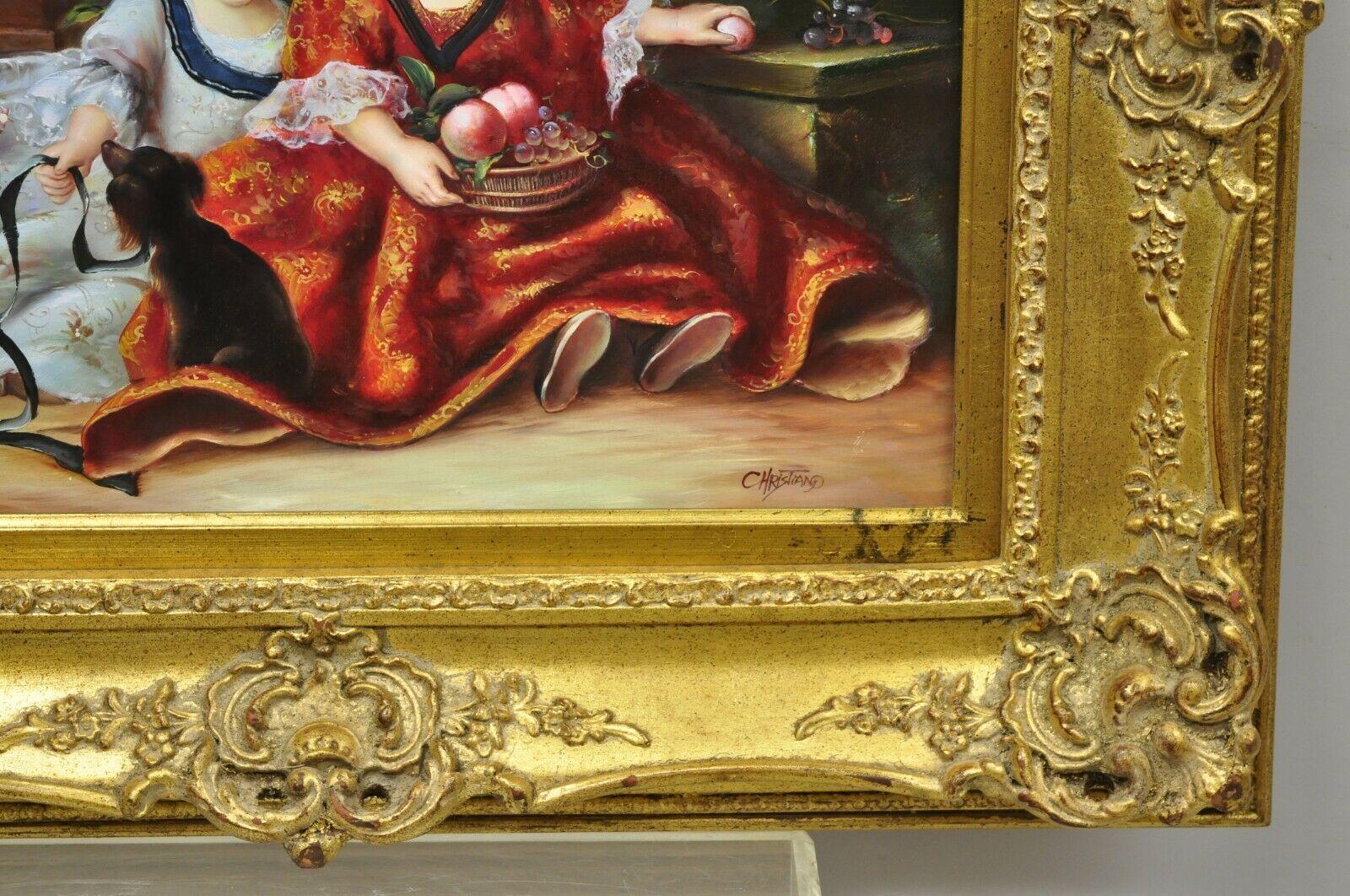 Wood French Style Oil on Board Painting of 2 Young Girls with Dog Signed Christiano For Sale