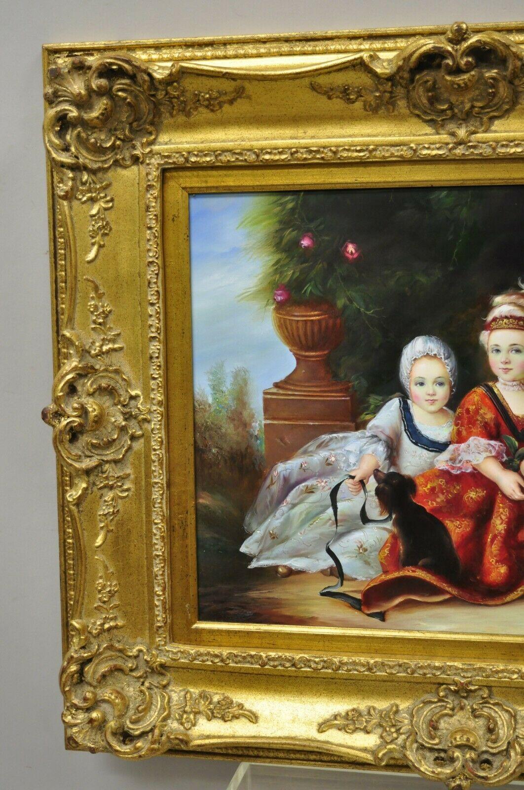 French Style Oil on Board Painting of 2 Young Girls with Dog Signed Christiano For Sale 3