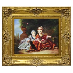 French Style Oil on Board Painting of 2 Young Girls with Dog Signed Christiano