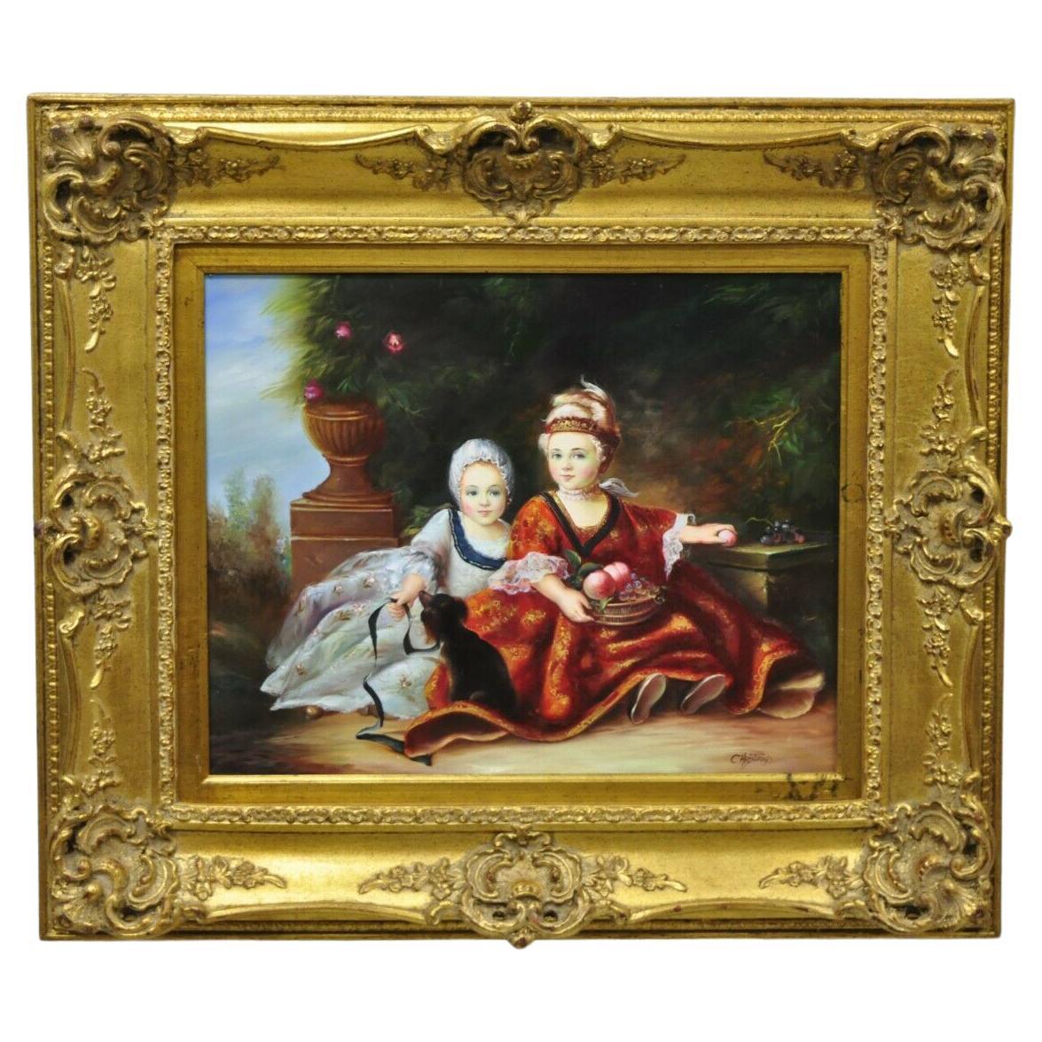 French Style Oil on Board Painting of 2 Young Girls with Dog Signed Christiano For Sale