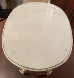 French Style Oval Carved Glass Top Side Table with Caned Stretcher