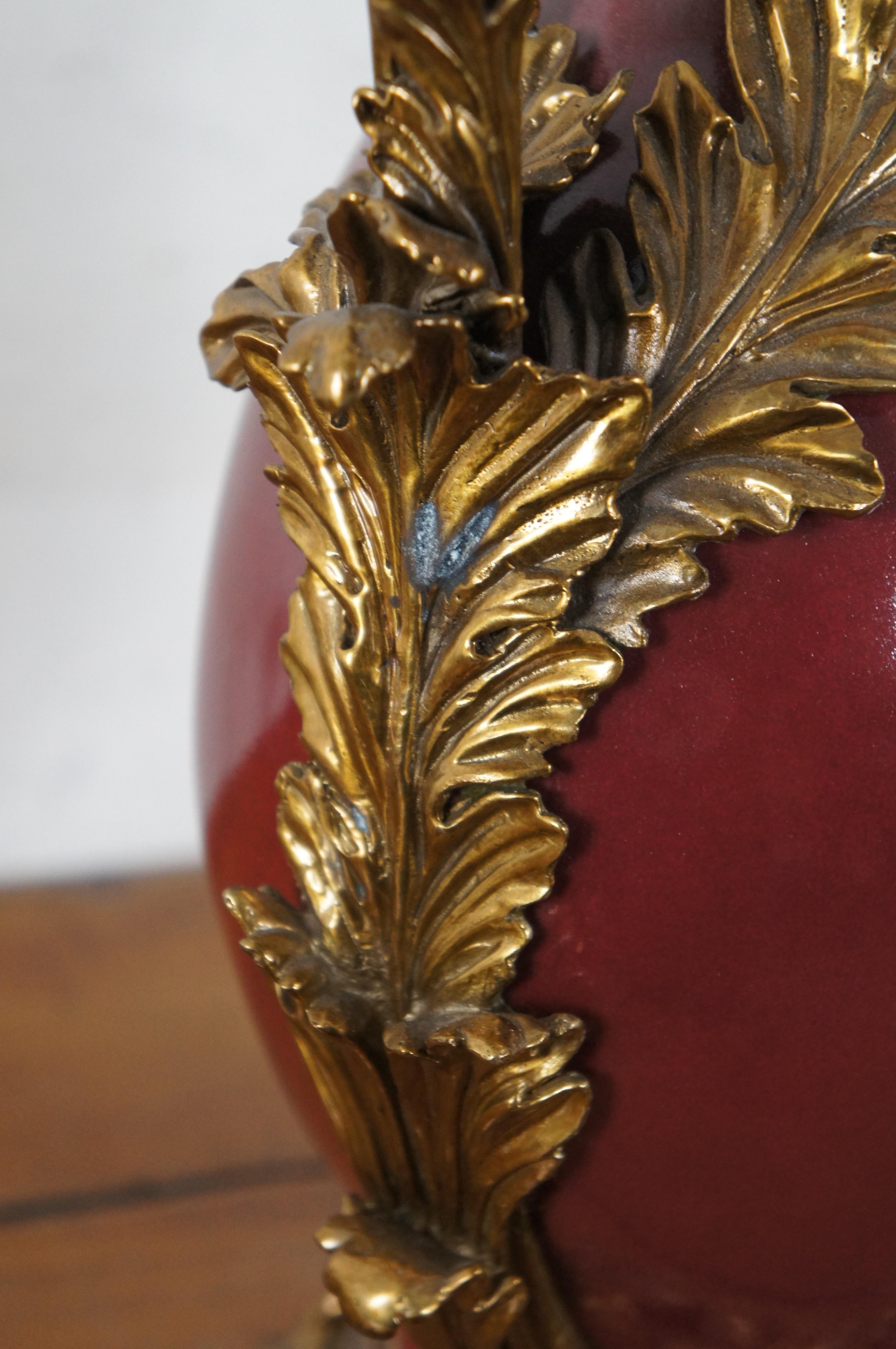 French Style Oxblood Porcelain & Gilt Bronze Handled Vase Leaves Foliate Ormolu 7