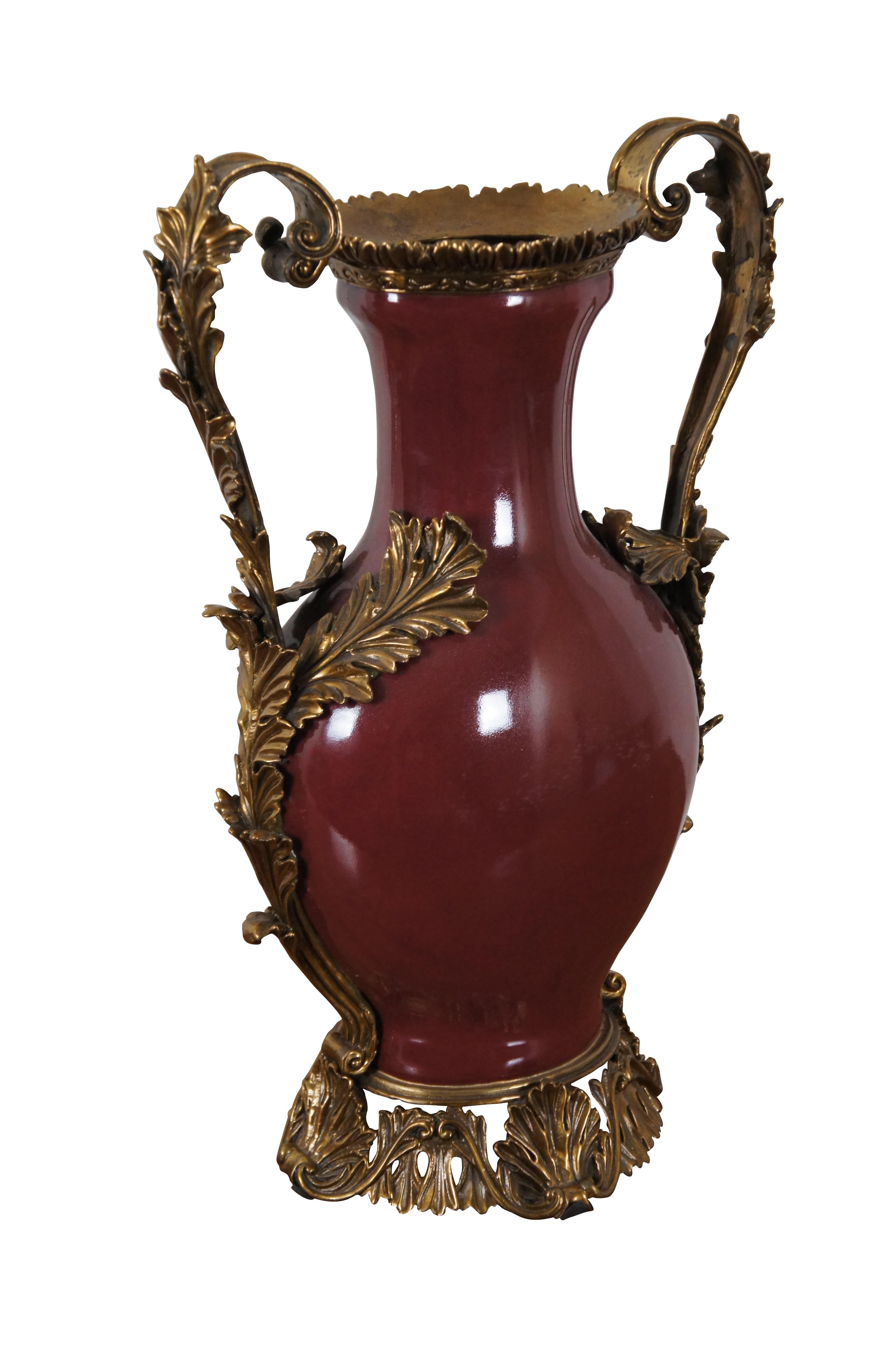 French Provincial French Style Oxblood Porcelain & Gilt Bronze Handled Vase Leaves Foliate Ormolu