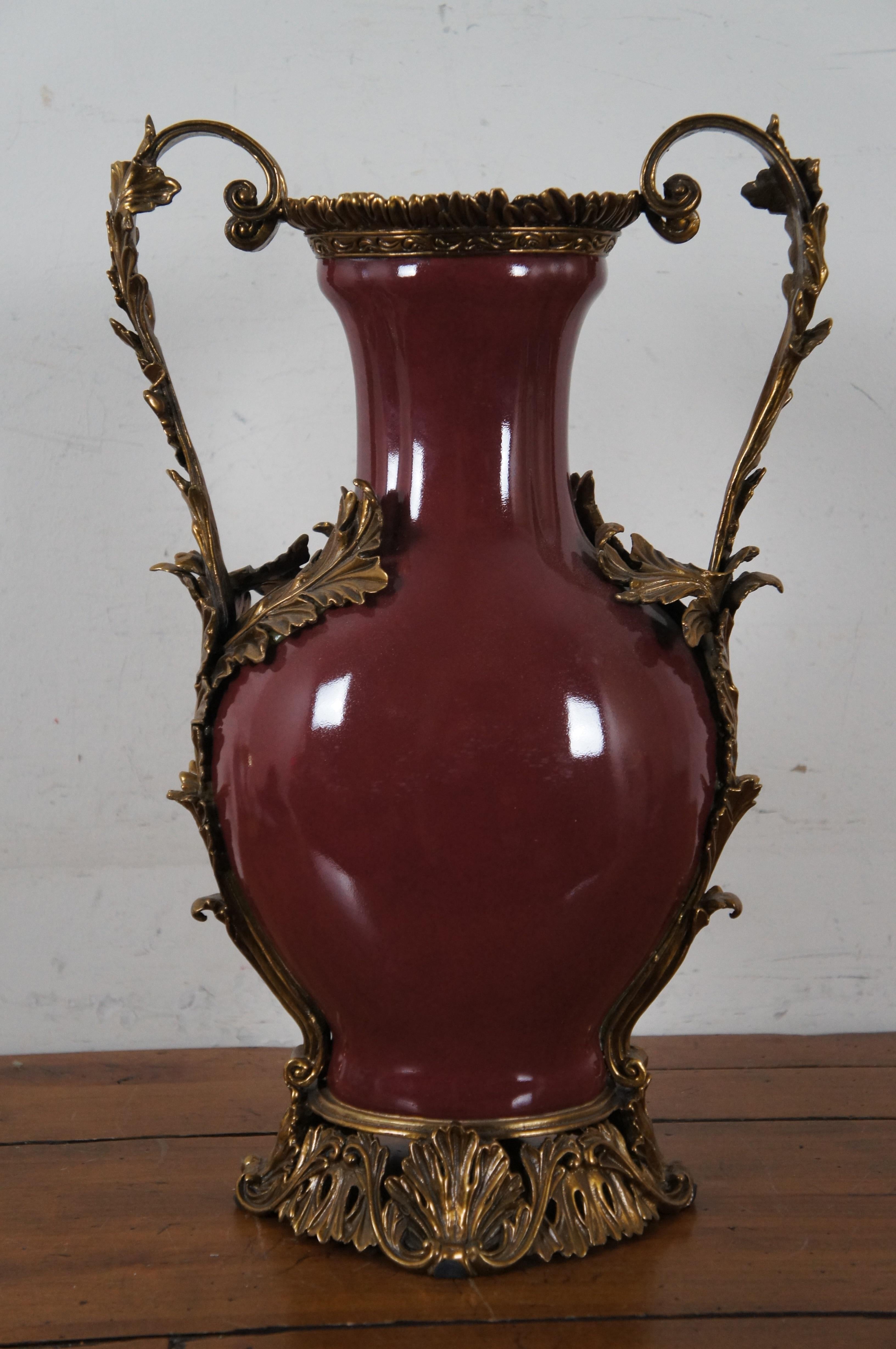 French Style Oxblood Porcelain & Gilt Bronze Handled Vase Leaves Foliate Ormolu In Good Condition In Dayton, OH