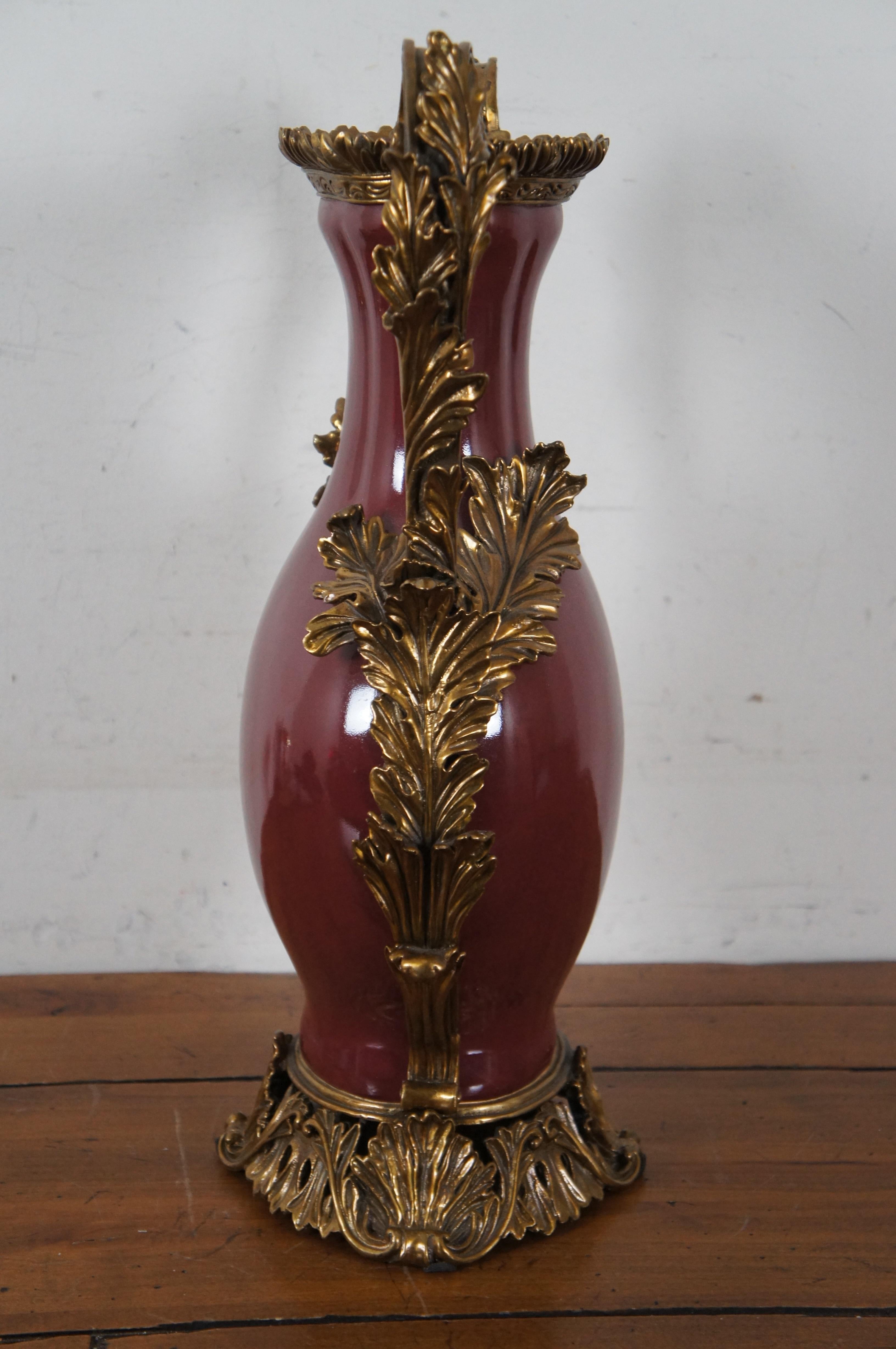 French Style Oxblood Porcelain & Gilt Bronze Handled Vase Leaves Foliate Ormolu 2