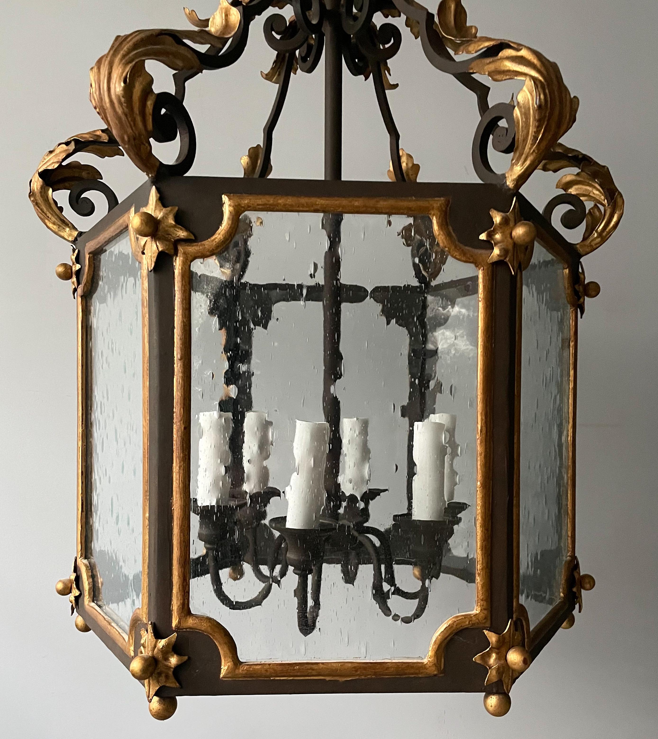 American French-Style Painted And Parcel-Gilt Iron Lantern For Sale