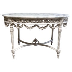 French Style Painted Center Table with Rose Swags and Marble Top