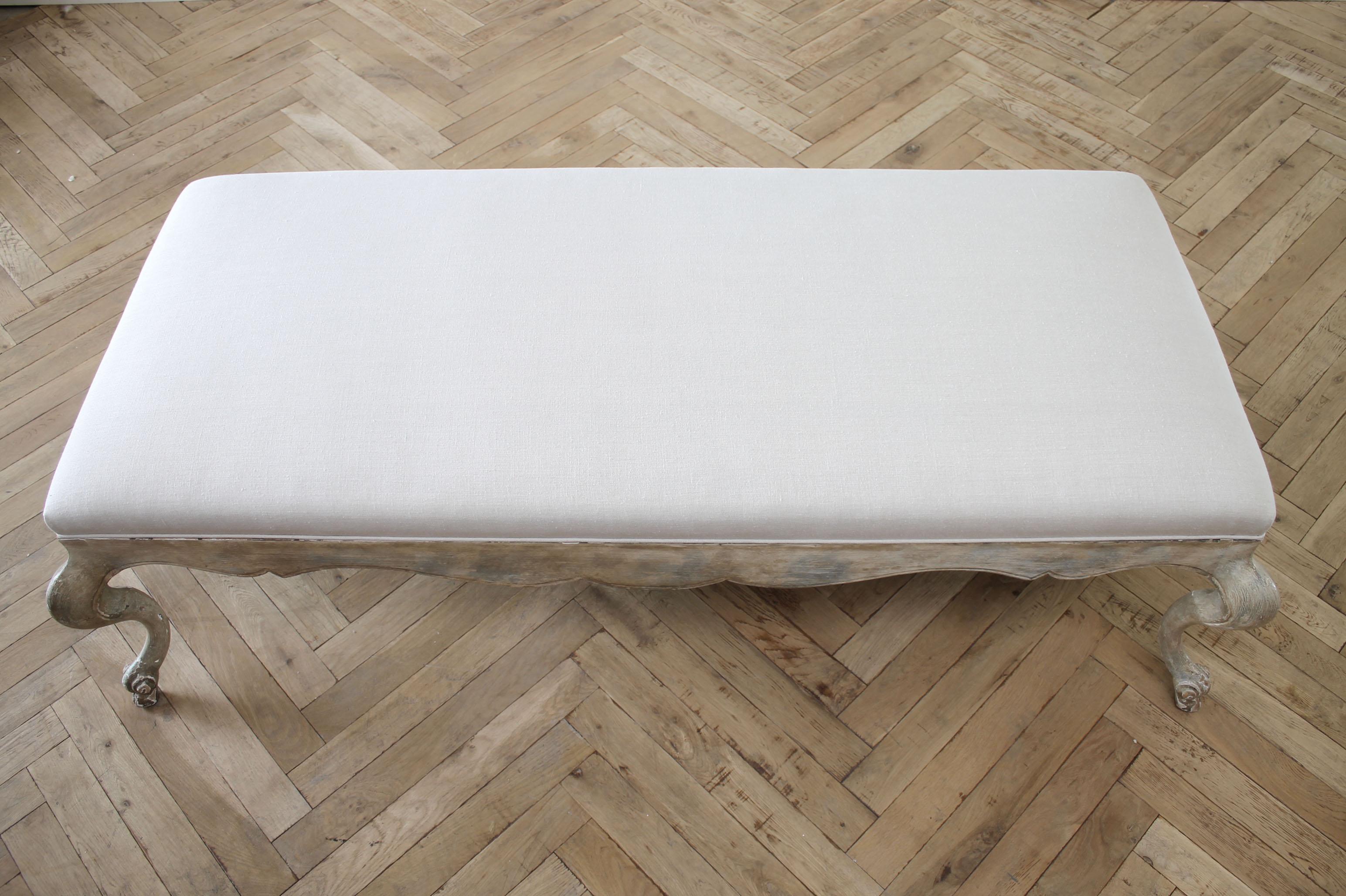 French Style Painted Cocktail Ottoman Table with Upholstered Linen Top 9