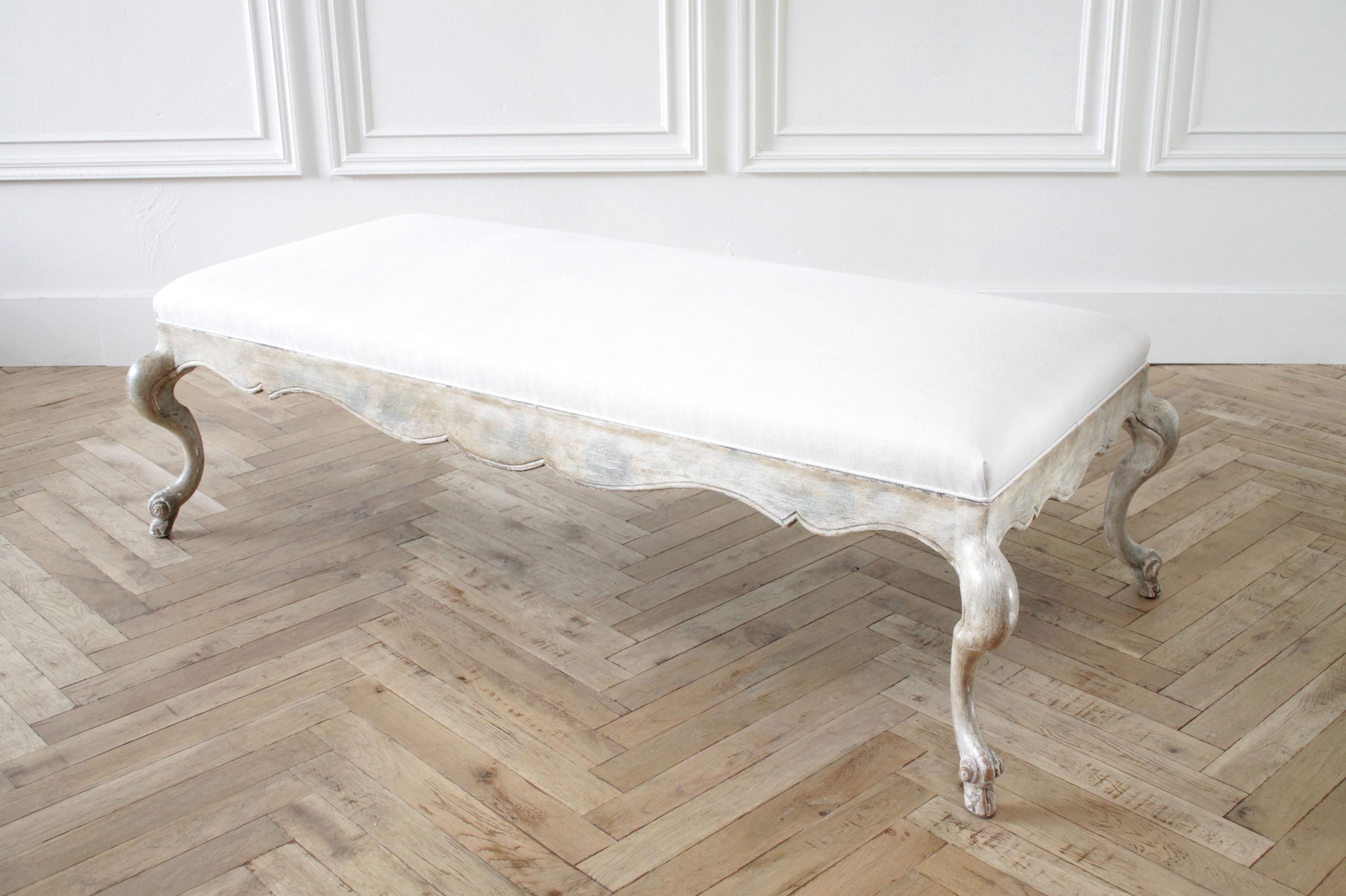 French Provincial French Style Painted Cocktail Ottoman Table with Upholstered Linen Top